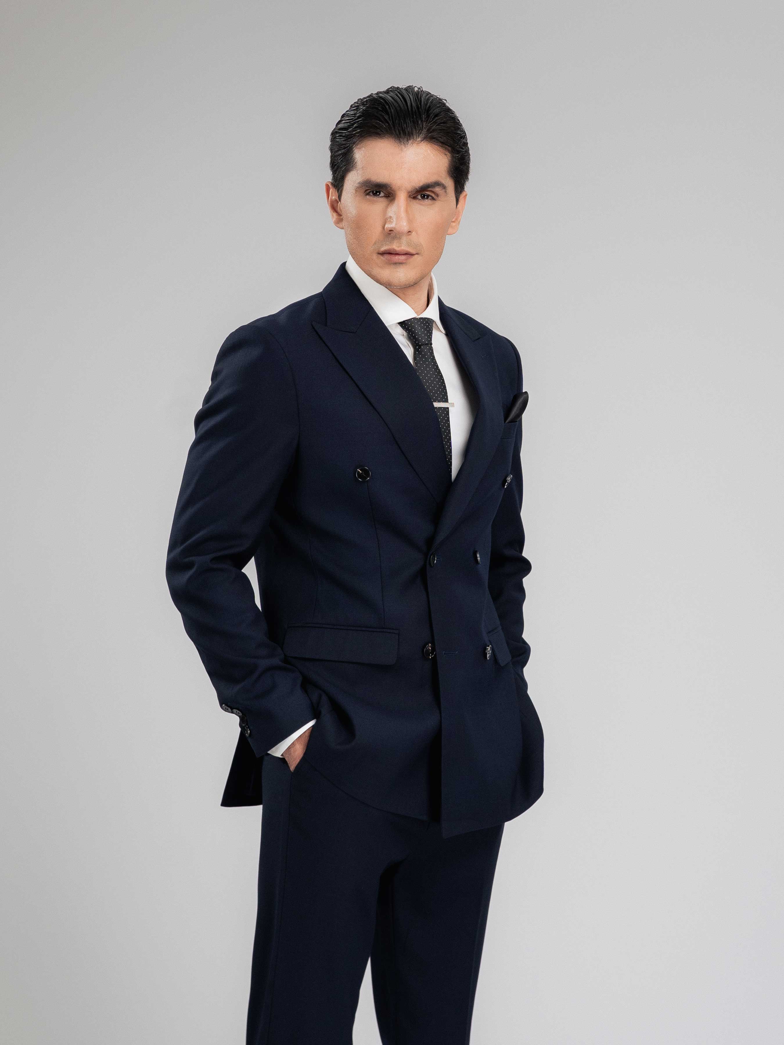 Double Breasted Suit Blazer Deep Blue Plain (Peak Lapel)