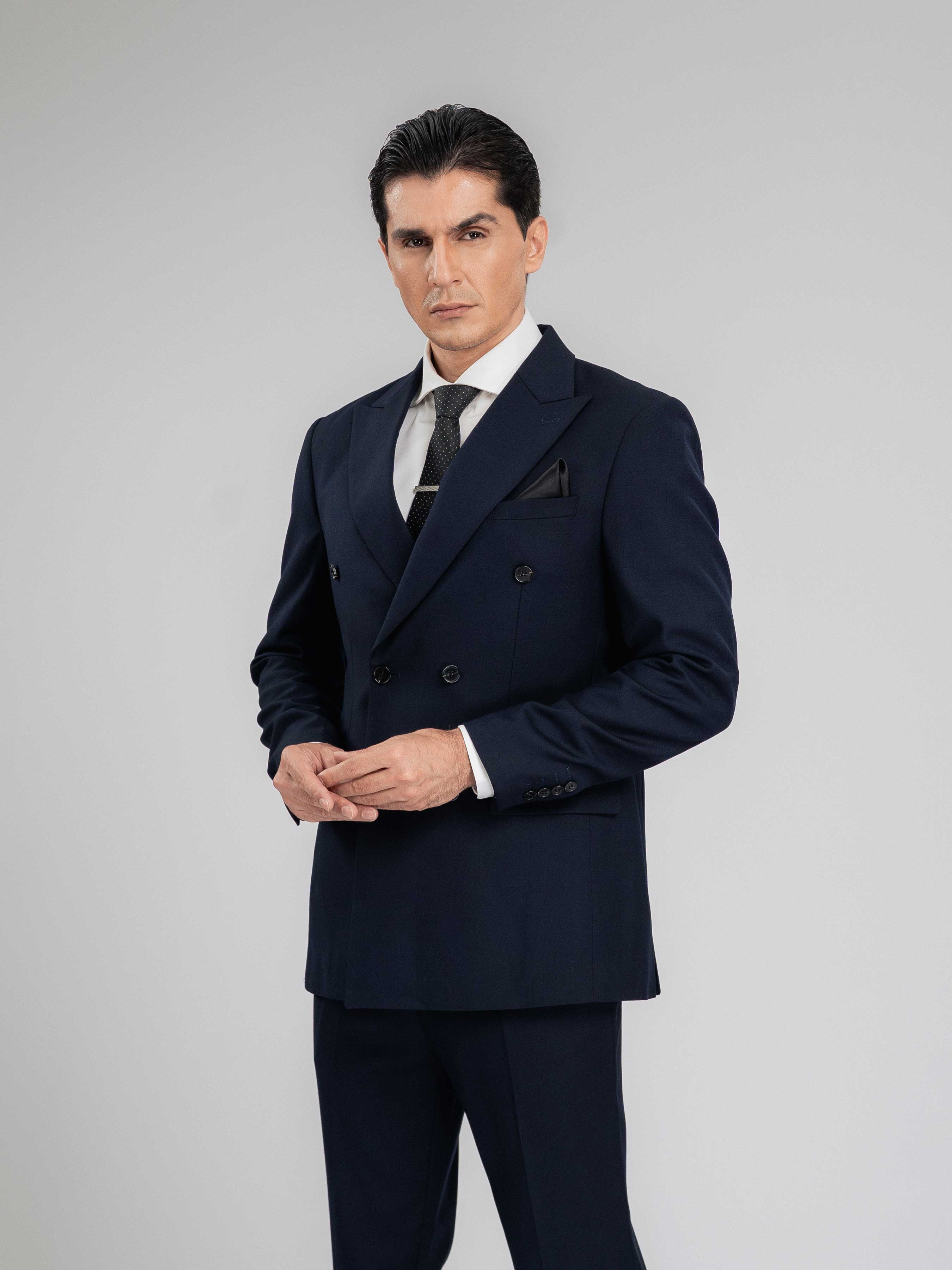 DoubleBreastedSuitBlazerDeepBluePlainPeakLapelMain - Zeve
