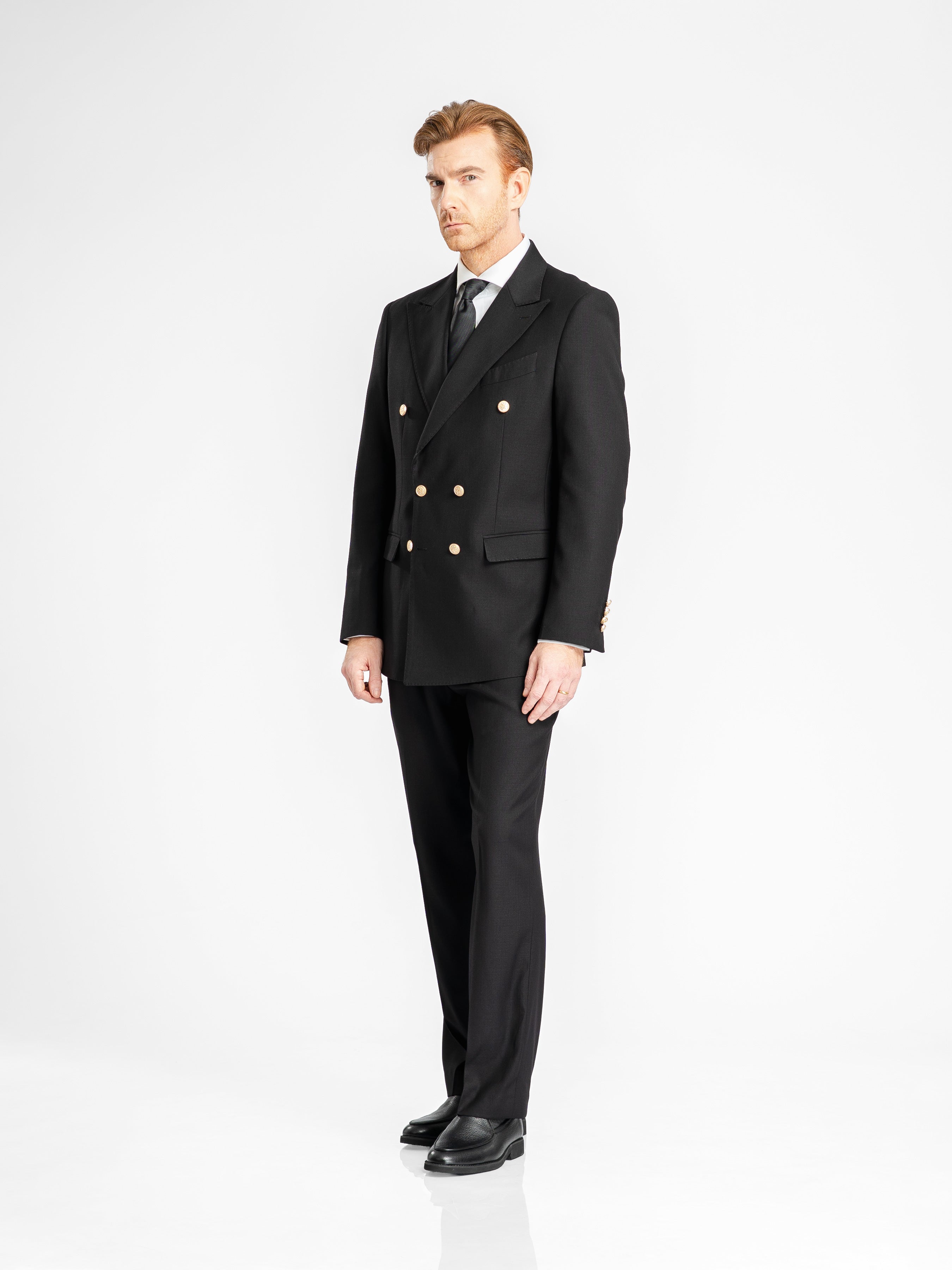 Double Breasted Suit Blazer – Jet Black Gold Button Accent (Peak Lapel)