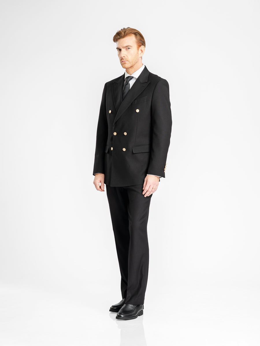 DoubleBreastedSuitBlazerJetBlackGoldAccent_PeakLapel_1 - Zeve