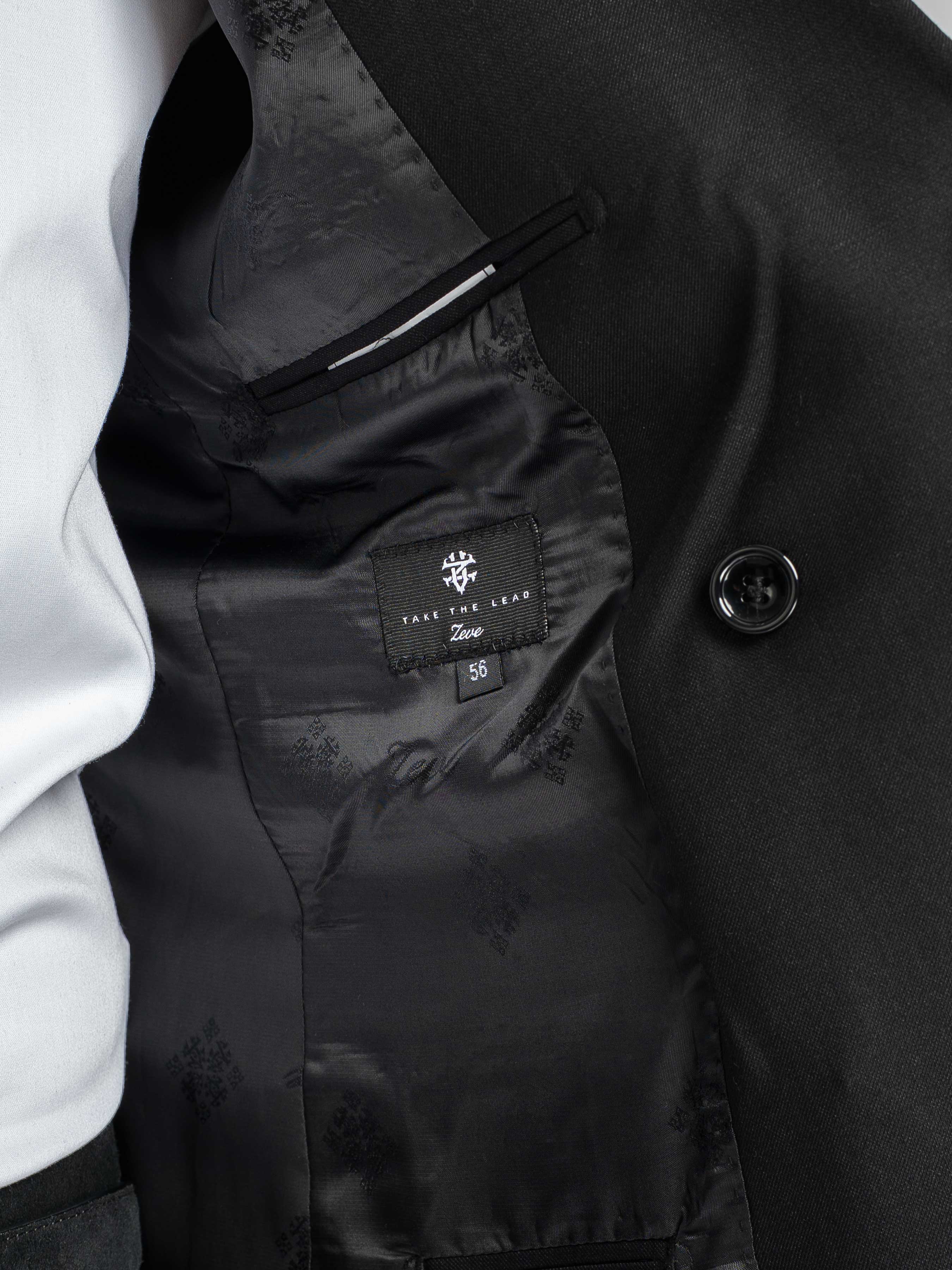 Double Breasted Suit Blazer – Jet Black Gold Button Accent (Peak Lapel)