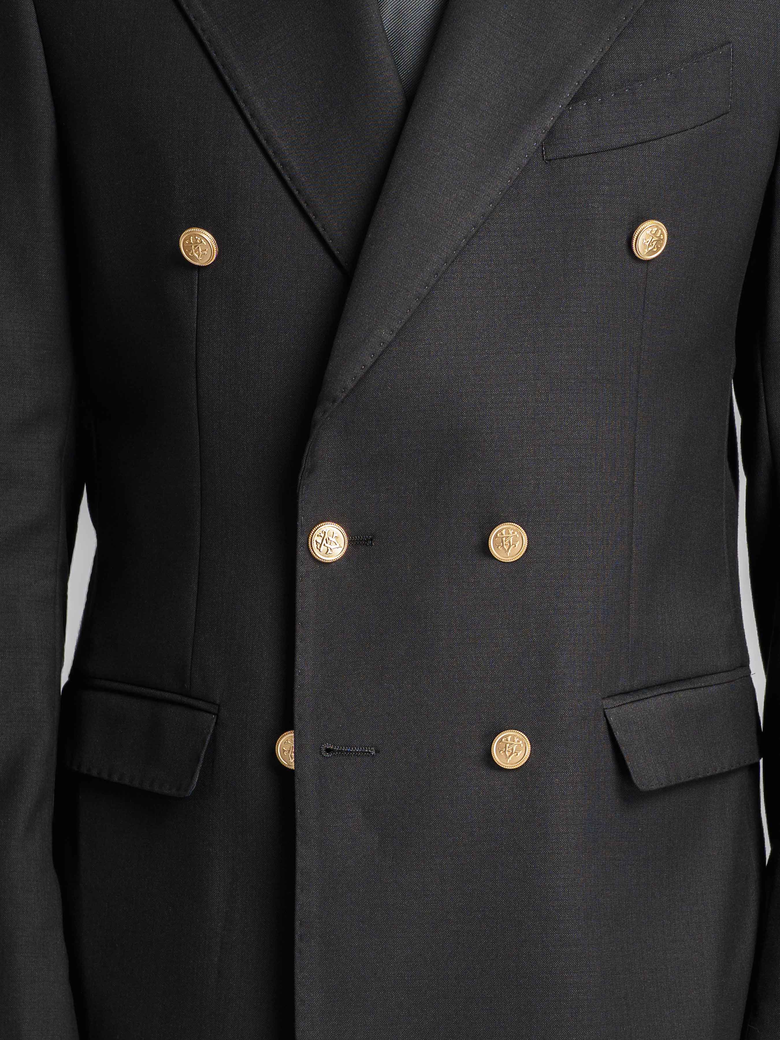 Double Breasted Suit Blazer – Jet Black Gold Button Accent (Peak Lapel)