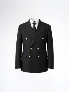 Double Breasted Suit Blazer – Jet Black Gold Button Accent (Slim Fit)
