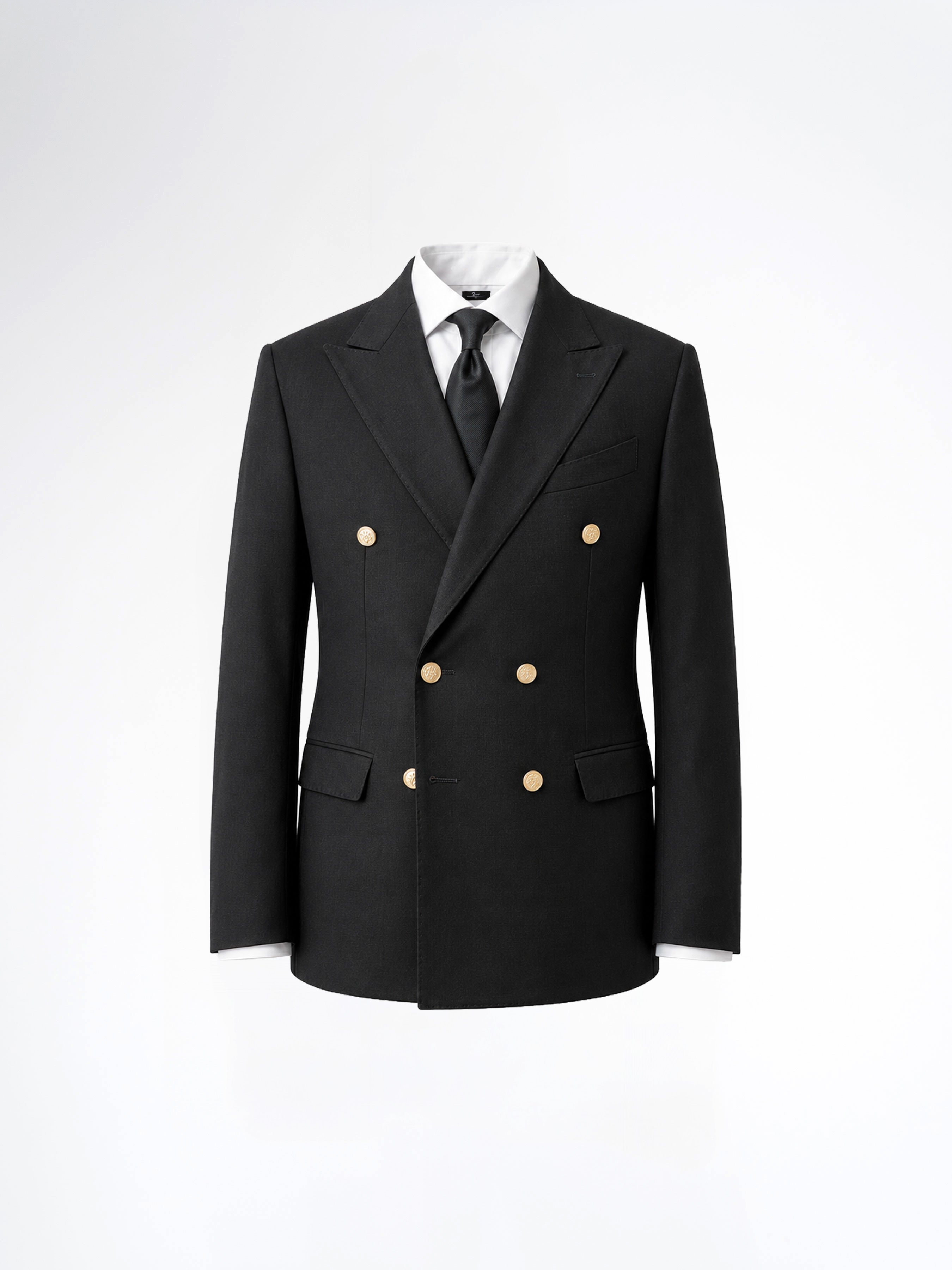 Double Breasted Suit Blazer – Jet Black Gold Button Accent (Slim Fit)