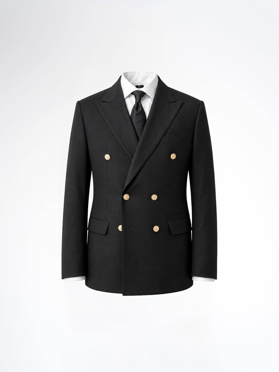 Double Breasted Suit Blazer – Jet Black Gold Button Accent (Slim Fit)