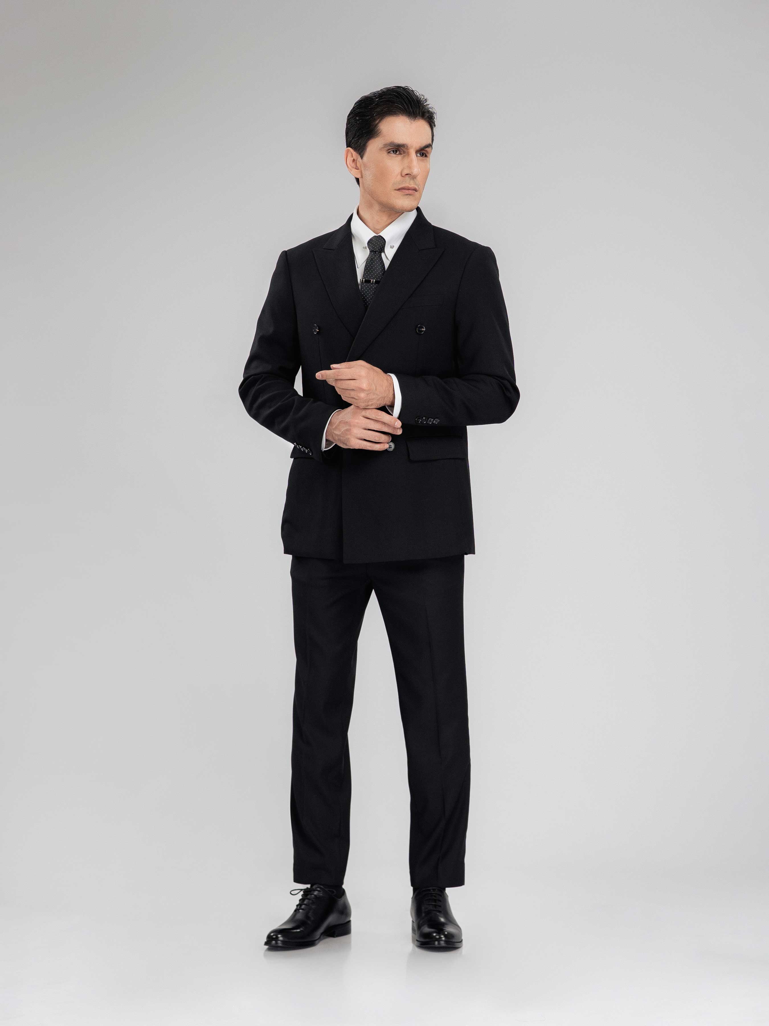 Double Breasted Suit Blazer - Jet Black Plain (Peak Lapel)
