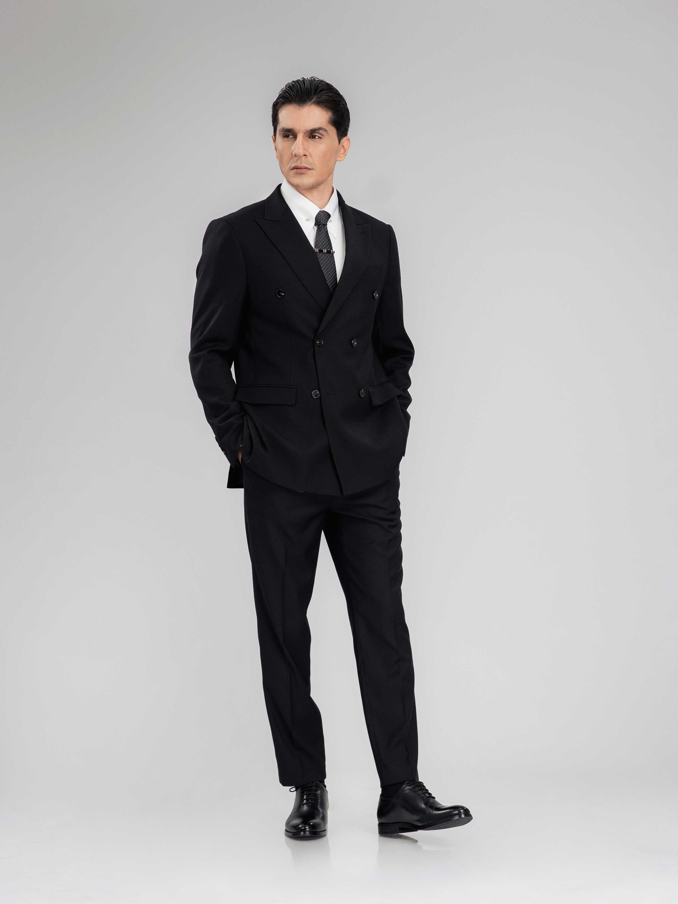 Double Breasted Suit Blazer - Jet Black Plain (Peak Lapel)