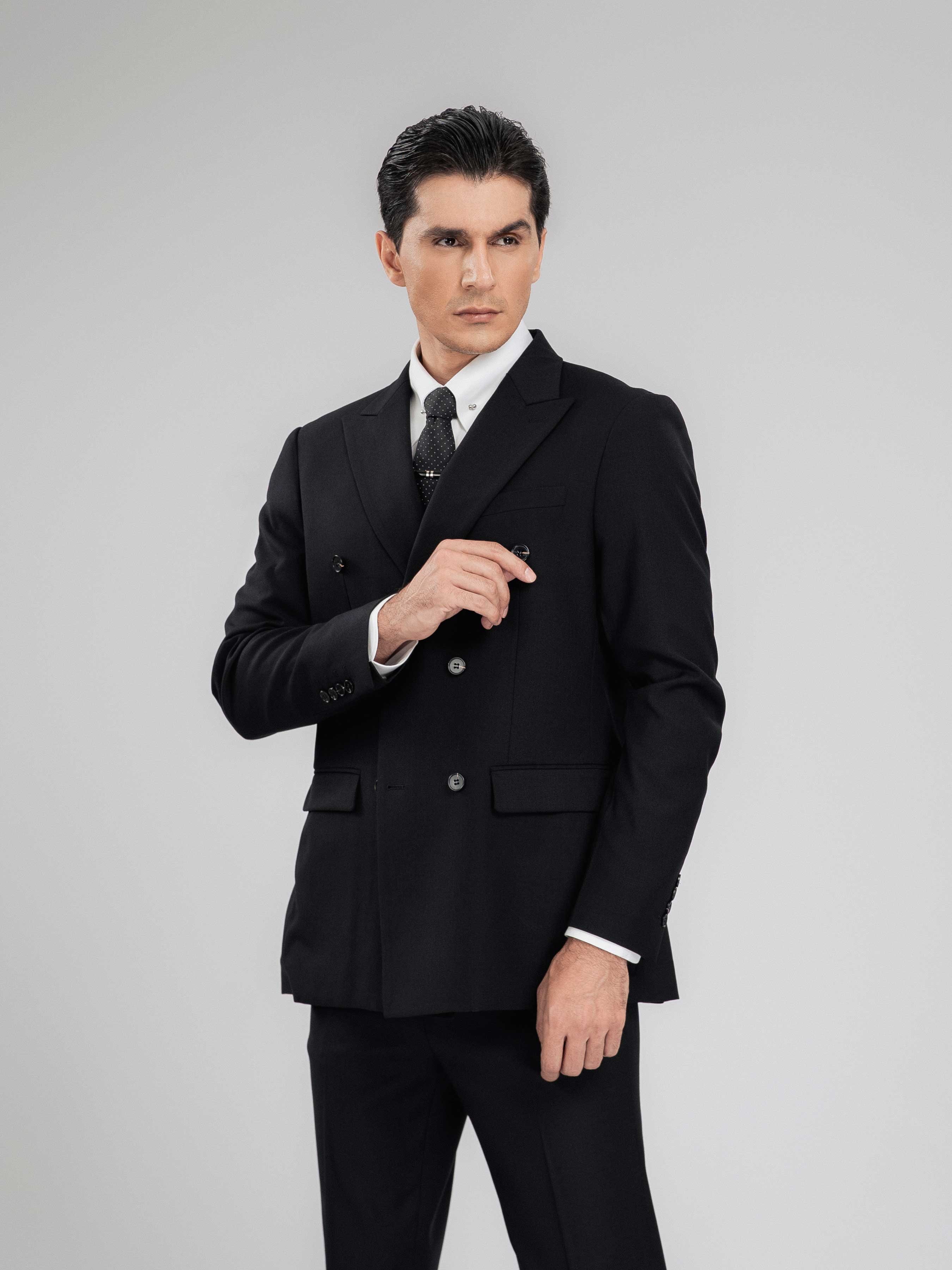 Double Breasted Suit Blazer - Jet Black Plain (Peak Lapel)