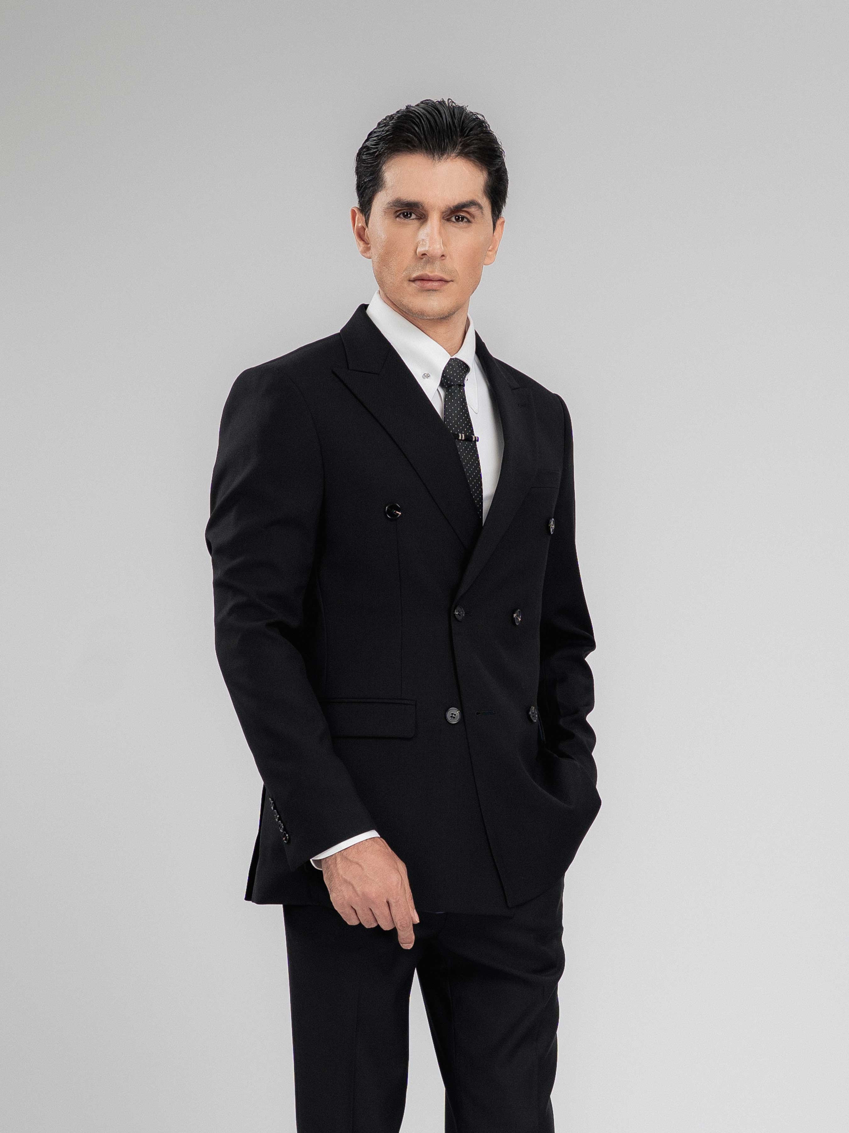 Double Breasted Suit Blazer - Jet Black Plain (Peak Lapel)