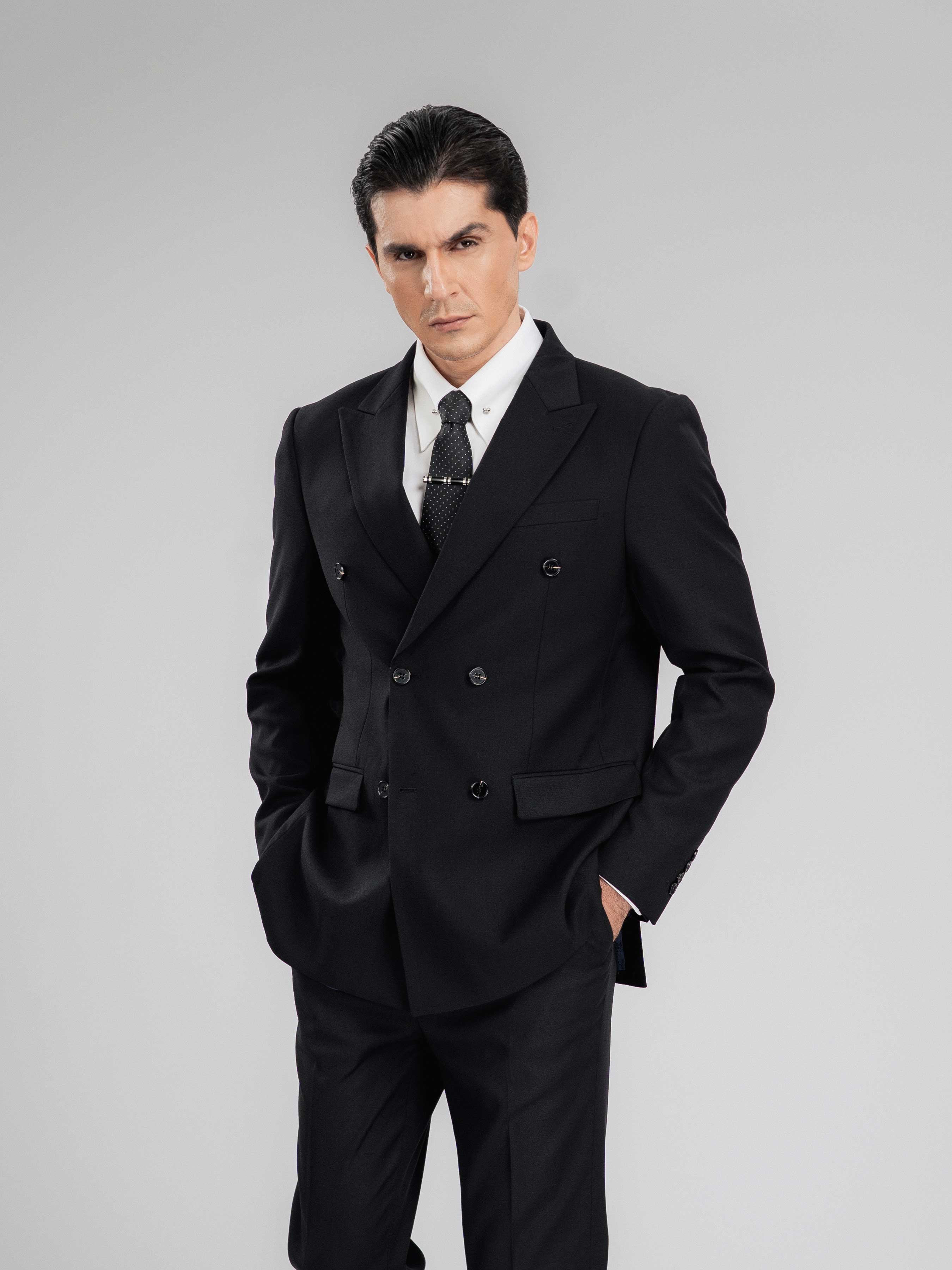 Double Breasted Suit Blazer - Jet Black Plain (Peak Lapel)