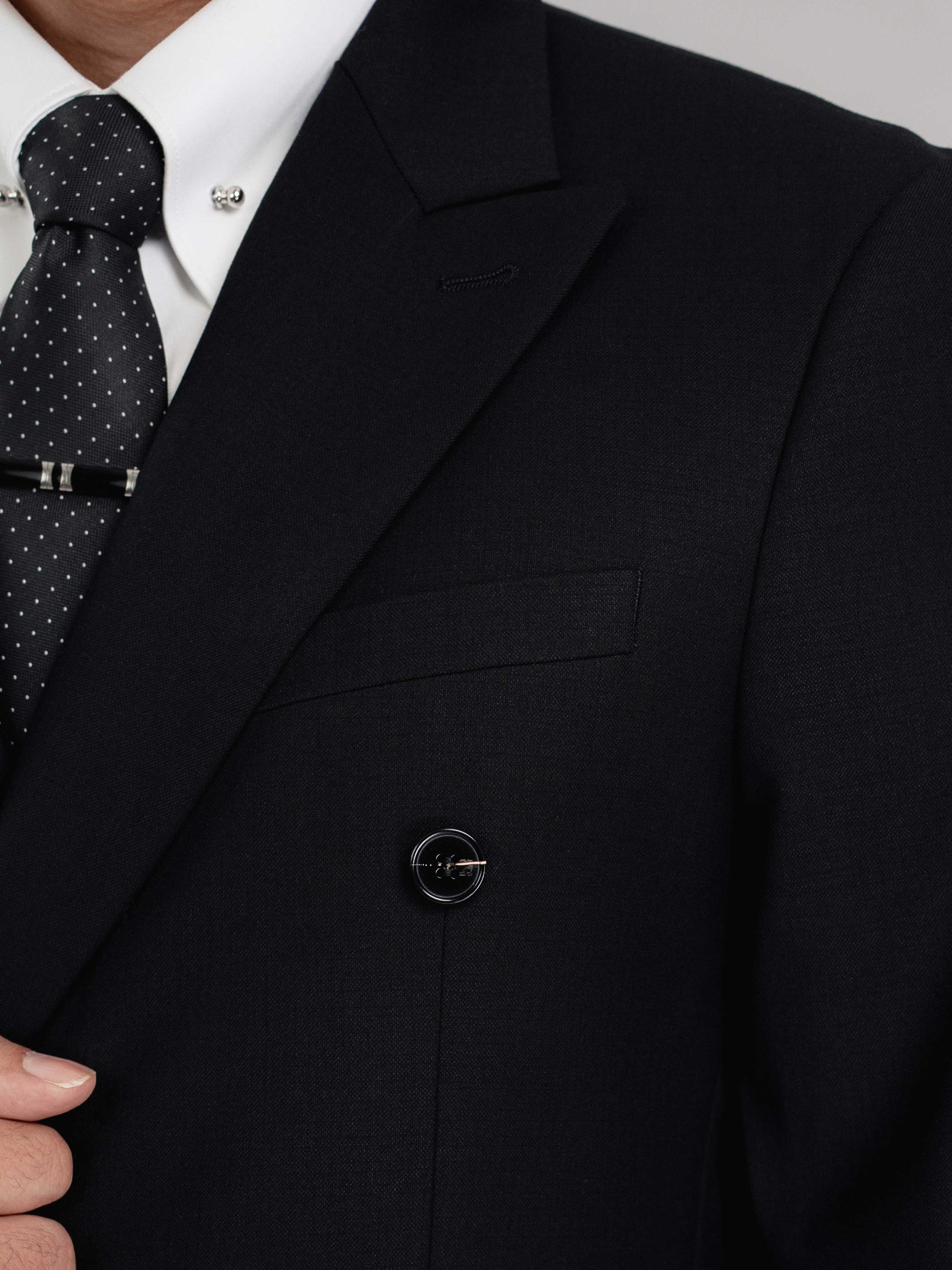 Double Breasted Suit Blazer - Jet Black Plain (Peak Lapel)
