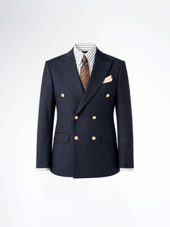 Double Breasted Suit Blazer - Midnight Blue Gold Button Accent (Slim Fit)