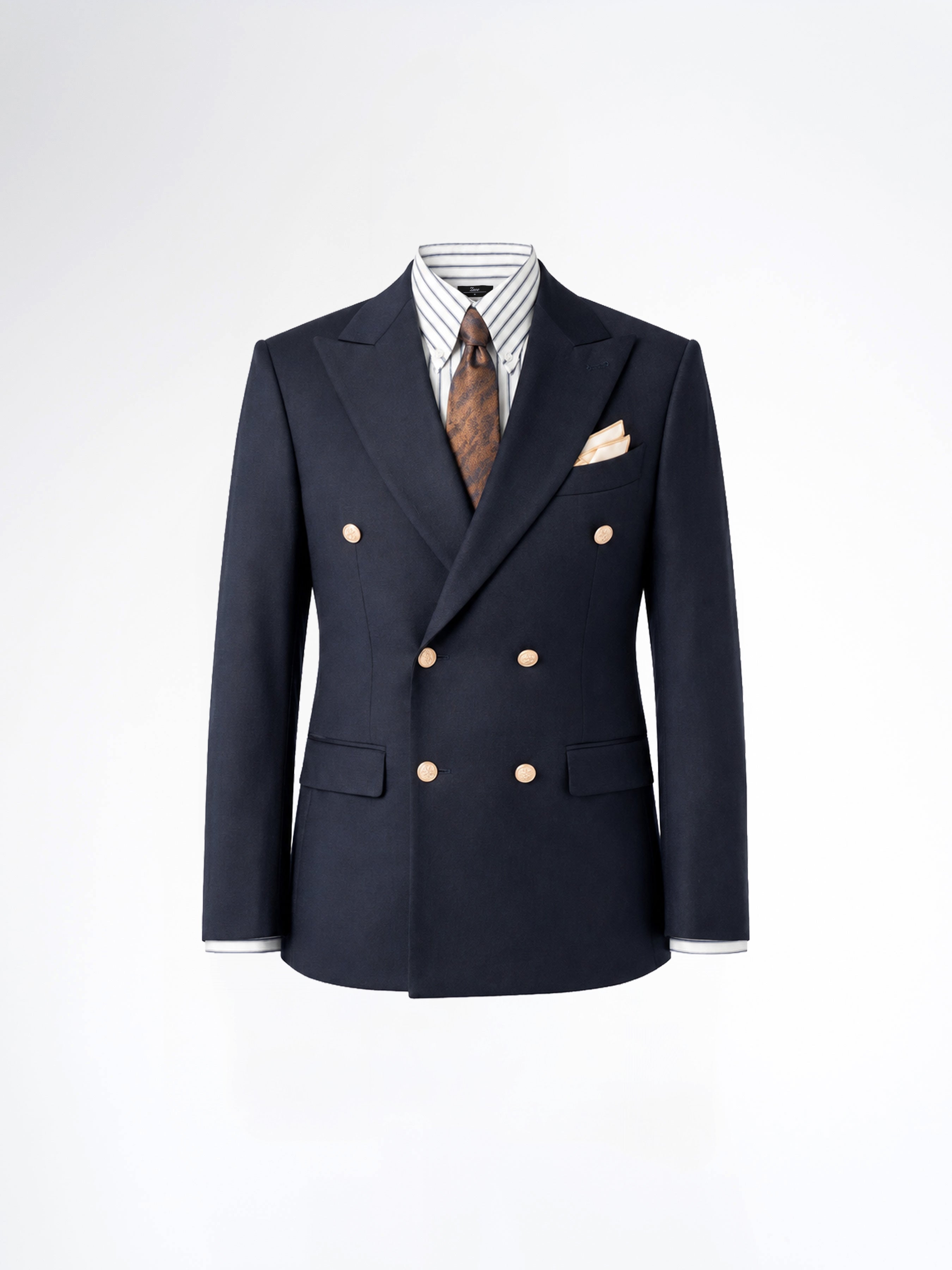 Double Breasted Suit Blazer - Midnight Blue Gold Button Accent (Slim Fit)