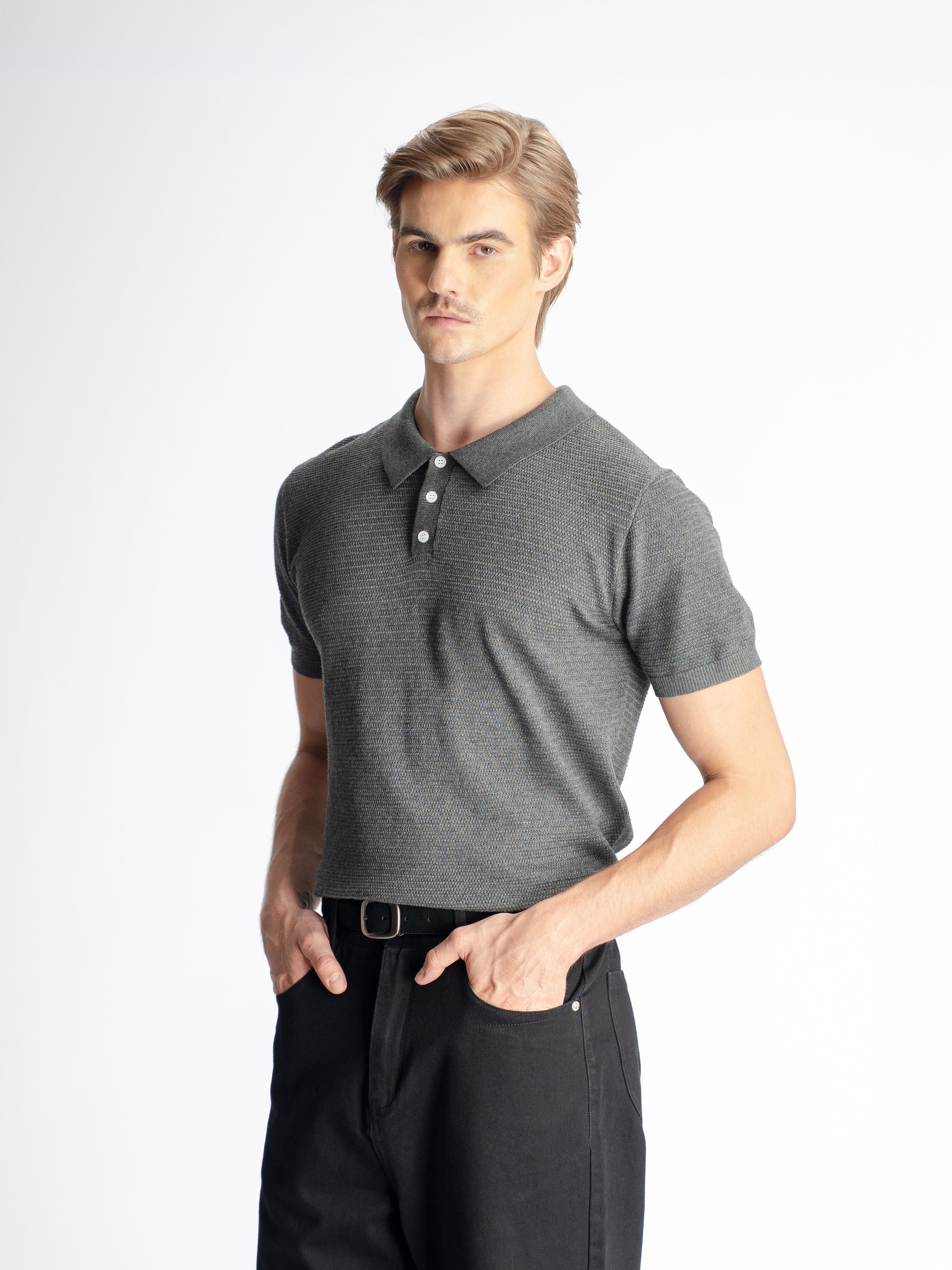 Ezra Knit Polo Tee - Grey