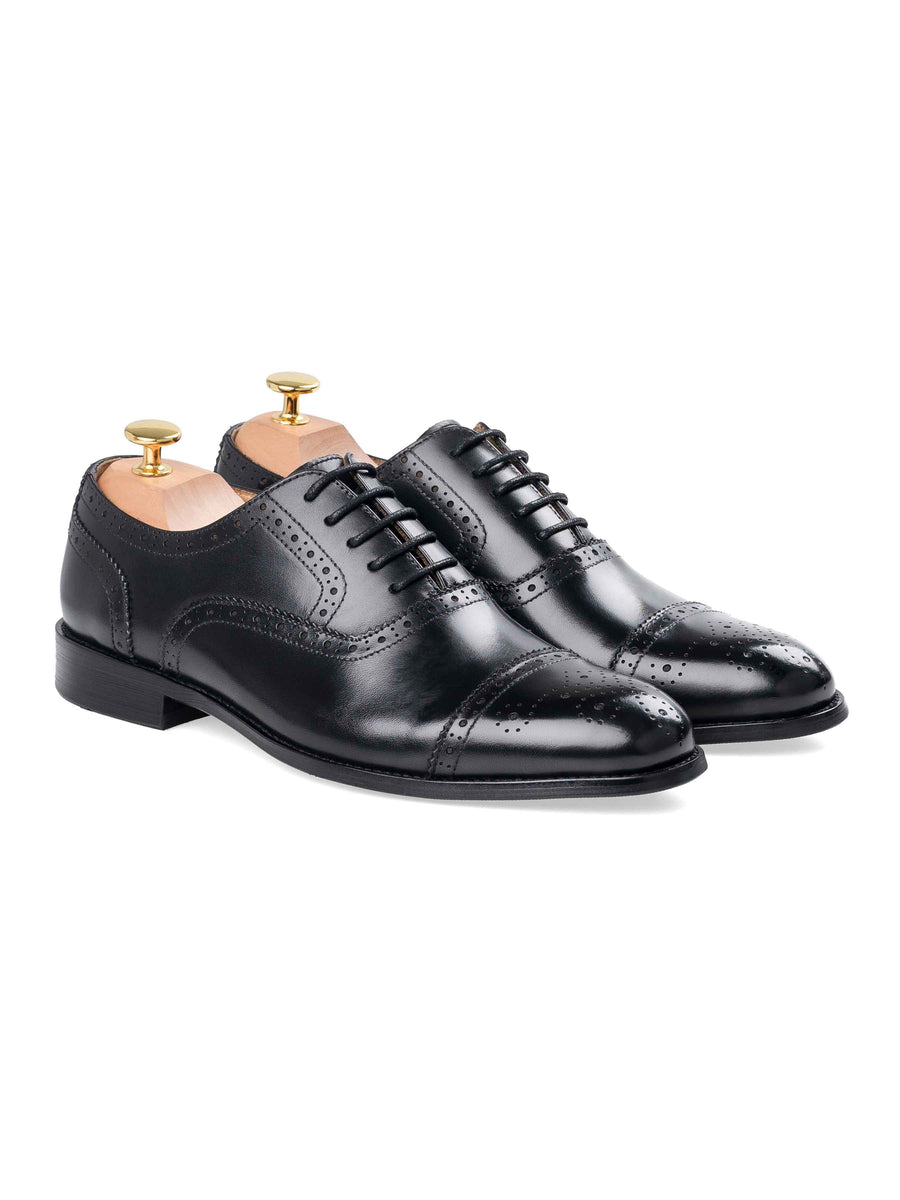 Front-Black-Semi-Brogue-Lace-Up-Oxford-Cap-Toe-Wide - Zeve