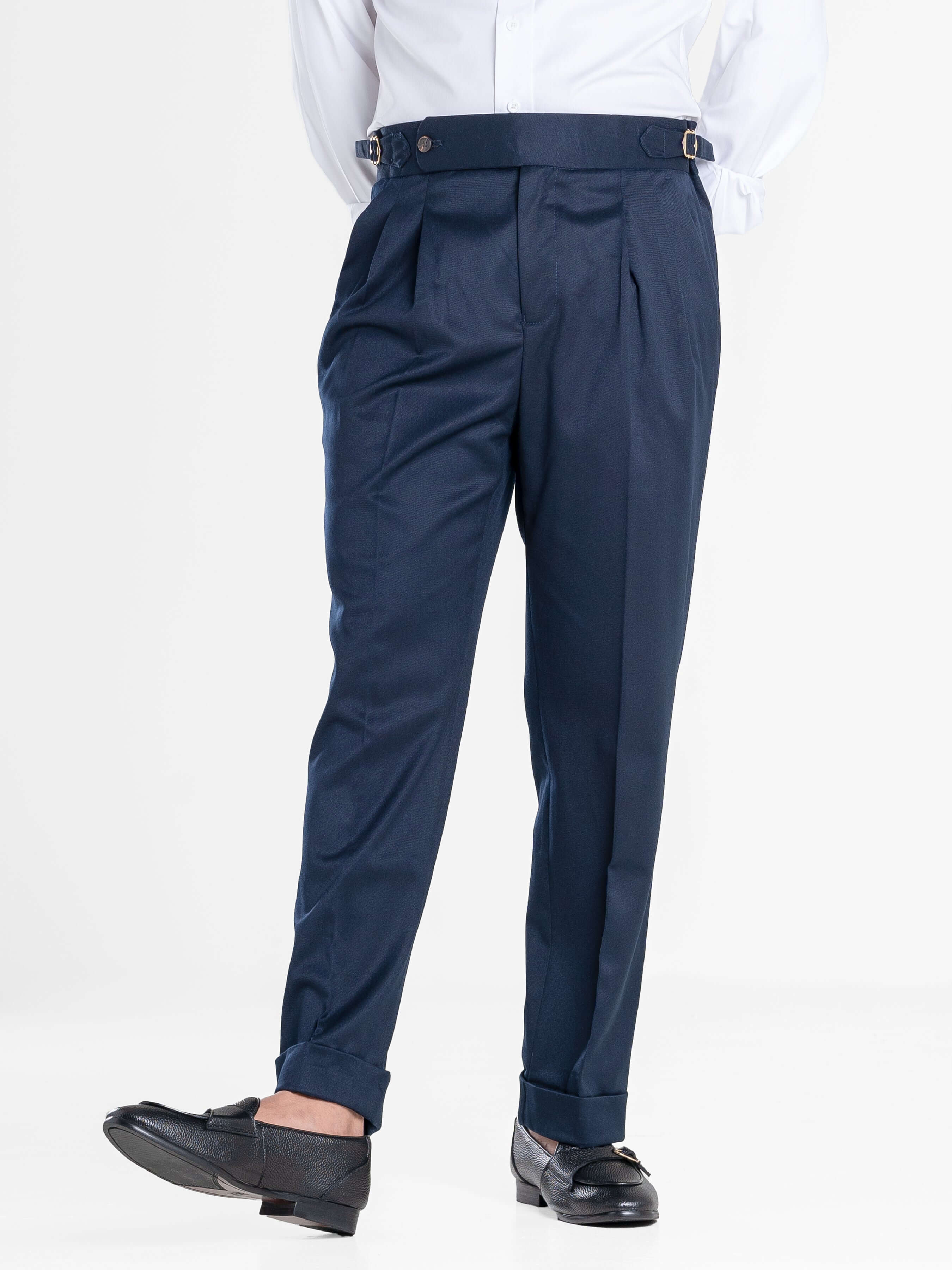 Trousers With Side Adjusters Deep Blue Plain Cuffed (Tapered)