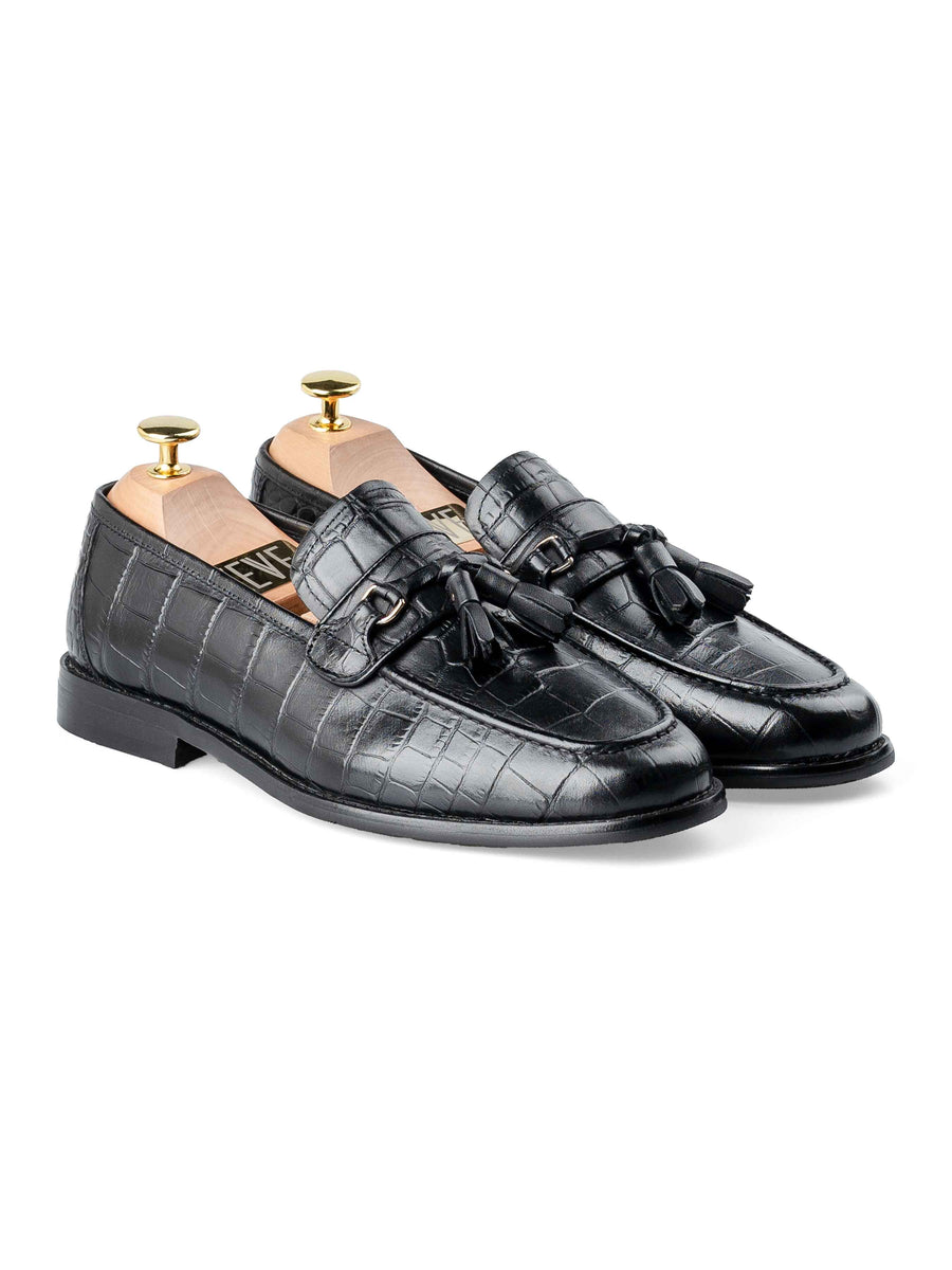 FrontDarioTasselLoaferBlackCrocoPolishedLeather - Zeve