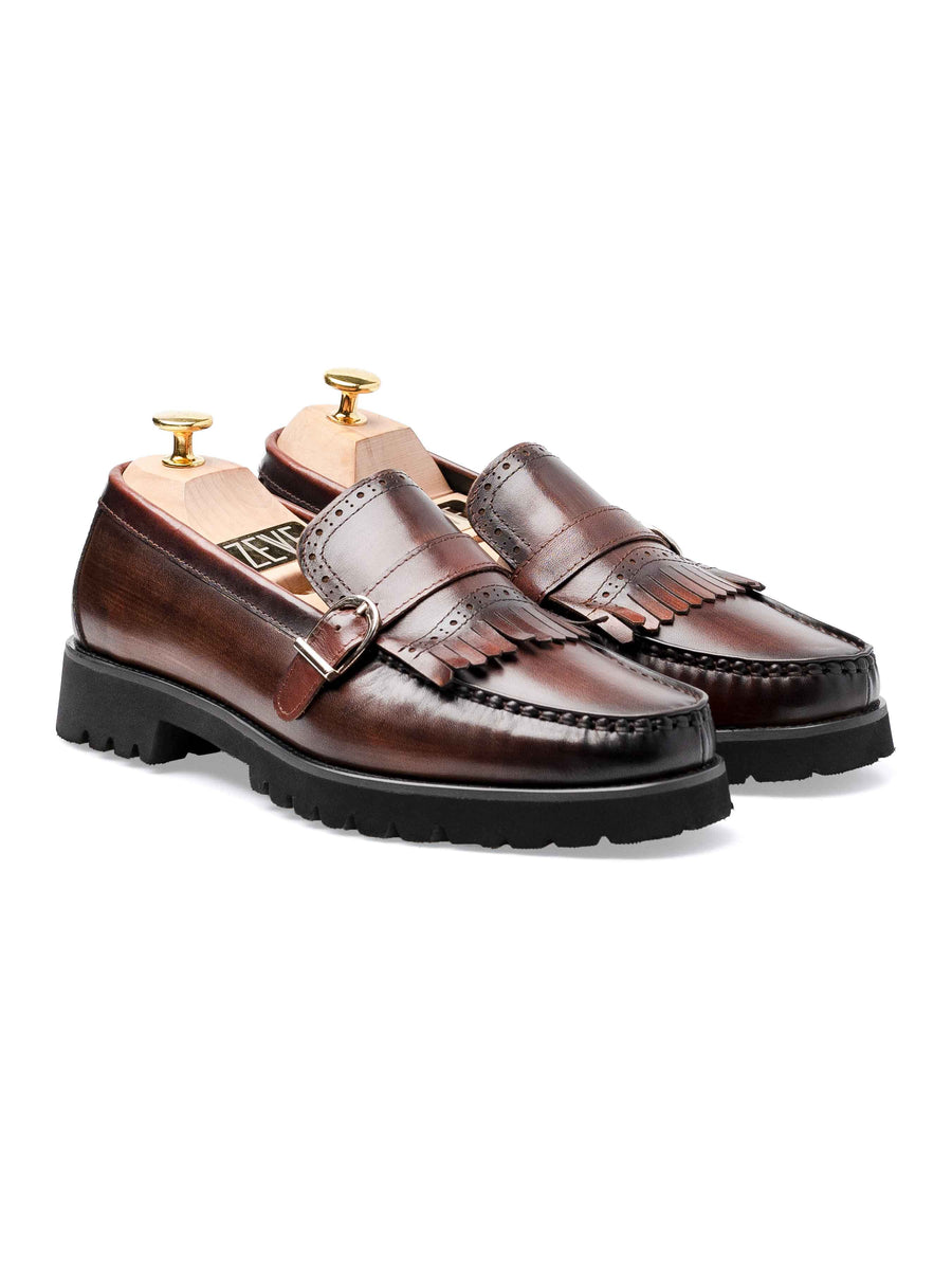 FrontFringeBuckleLoaferBrownPatinaEvaCombat - Zeve