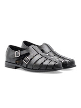 FrontVenetoSandalBlackPebbleGrainLeather - Zeve