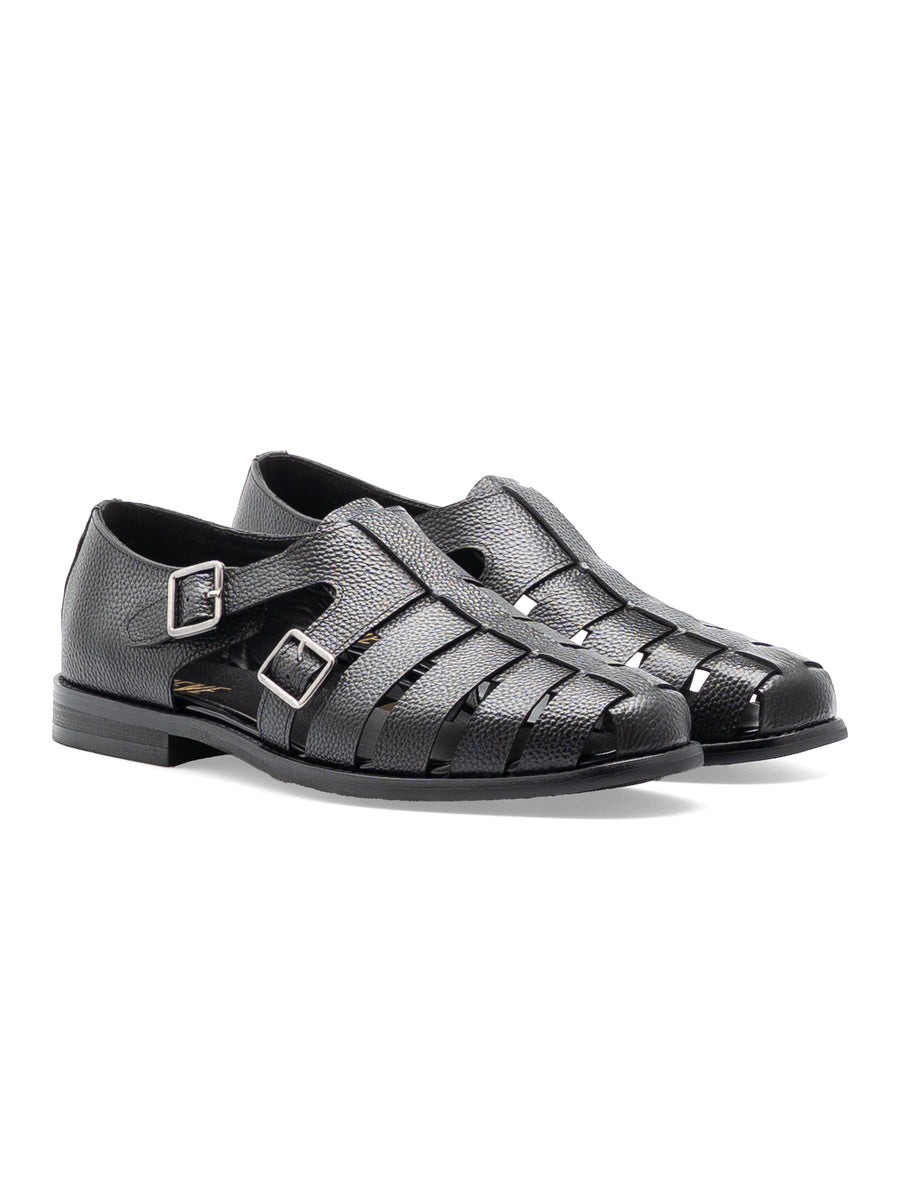 FrontVenetoSandalBlackPebbleGrainLeather - Zeve