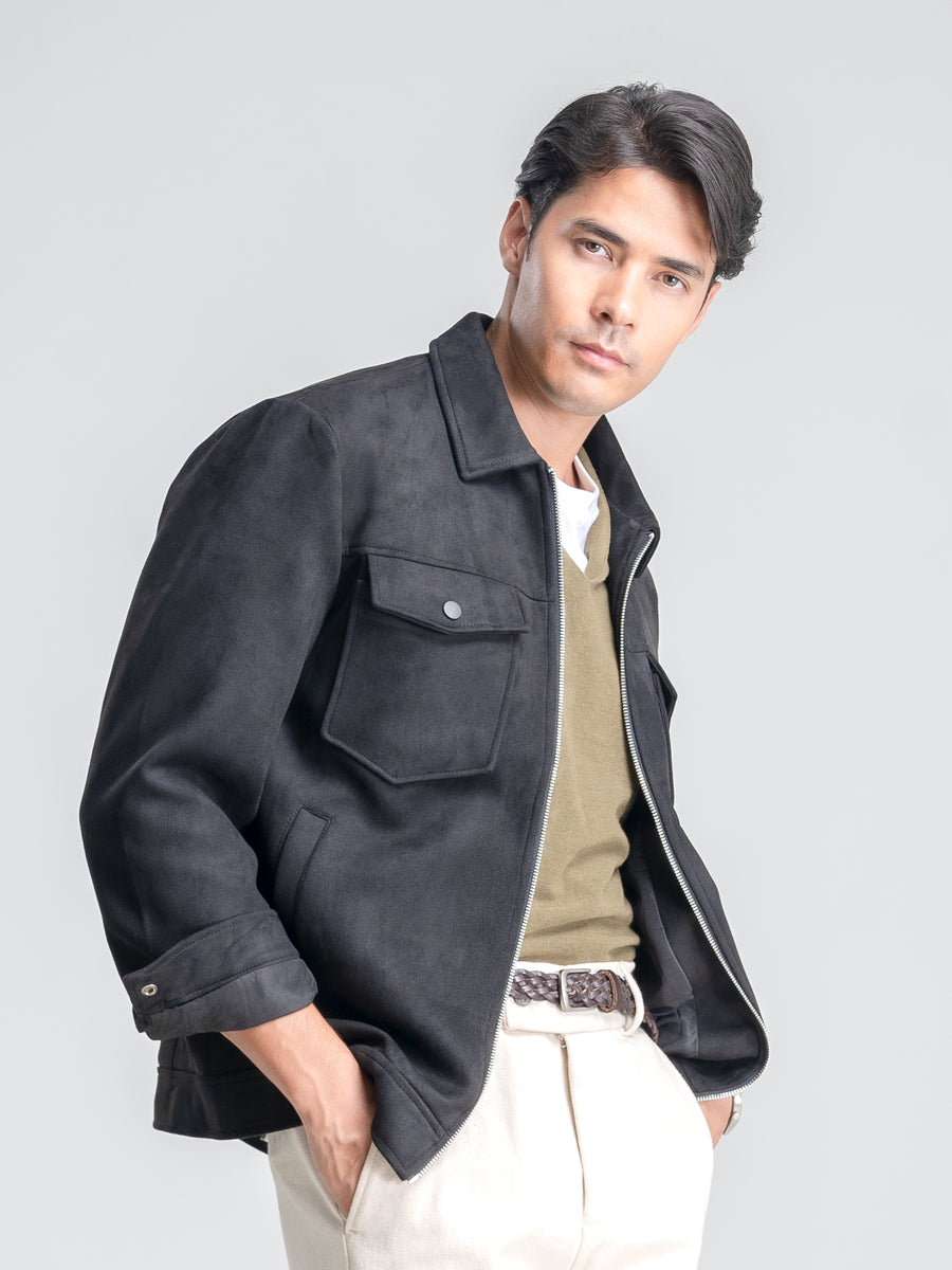 Halfbody-Black-Suede-Jacket-Zipper - Zeve