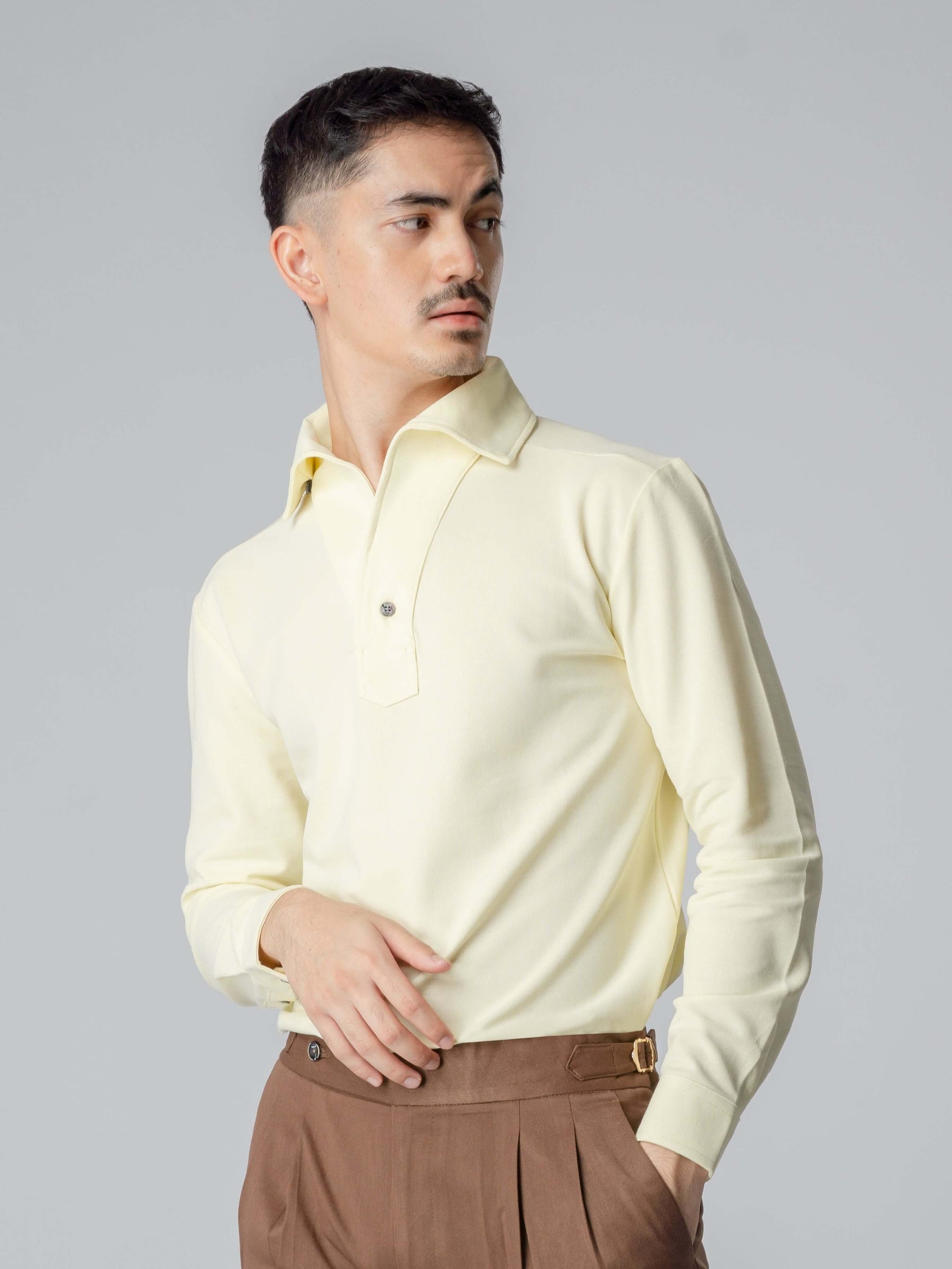 Long Sleeve Polo Shirt Light Yellow OnePiece Collar Single Button