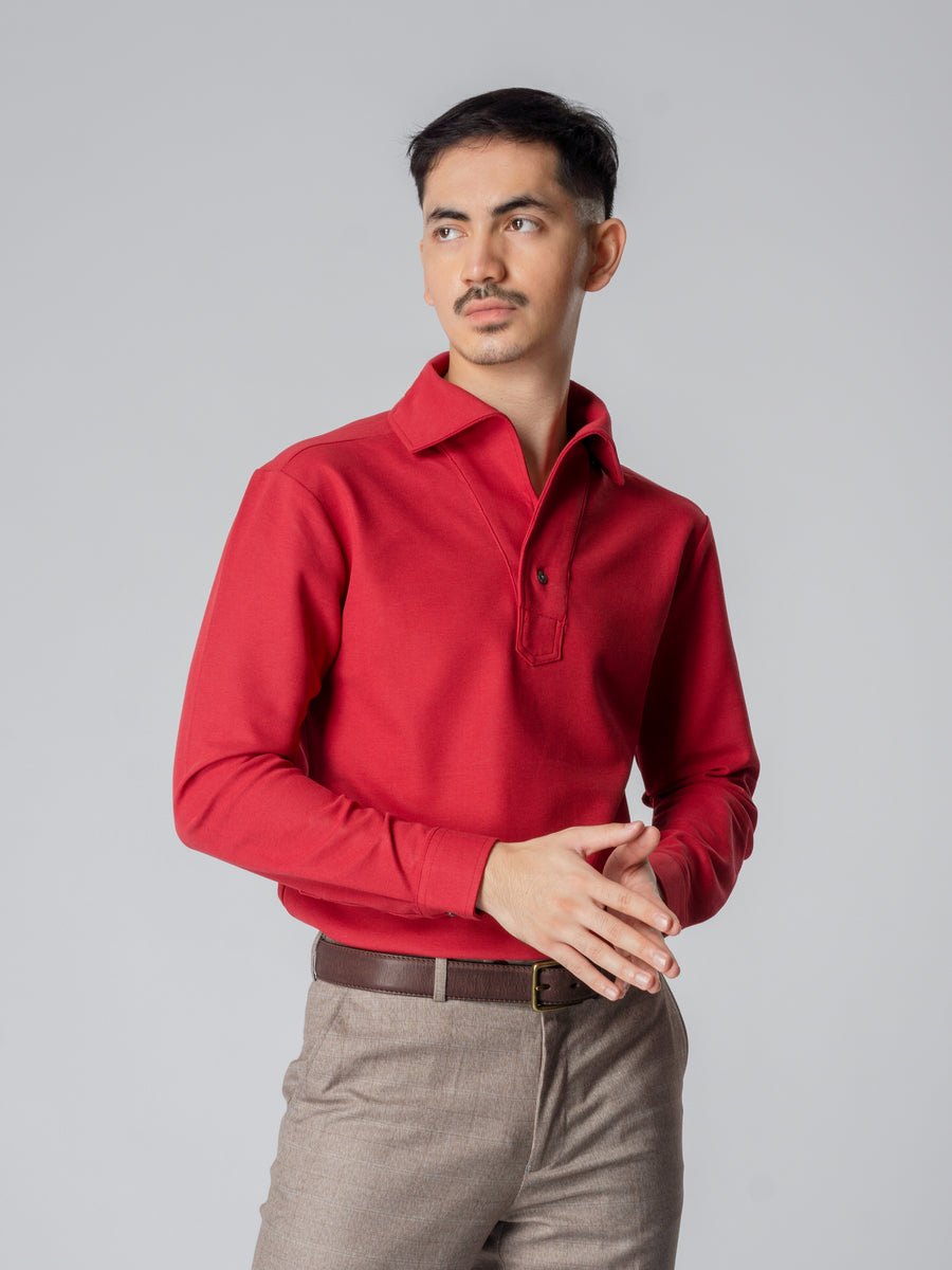 Long-Sleeve-Polo-Shirt-Maroon-One-Piece-Collar-Single-Button_04 - Zeve