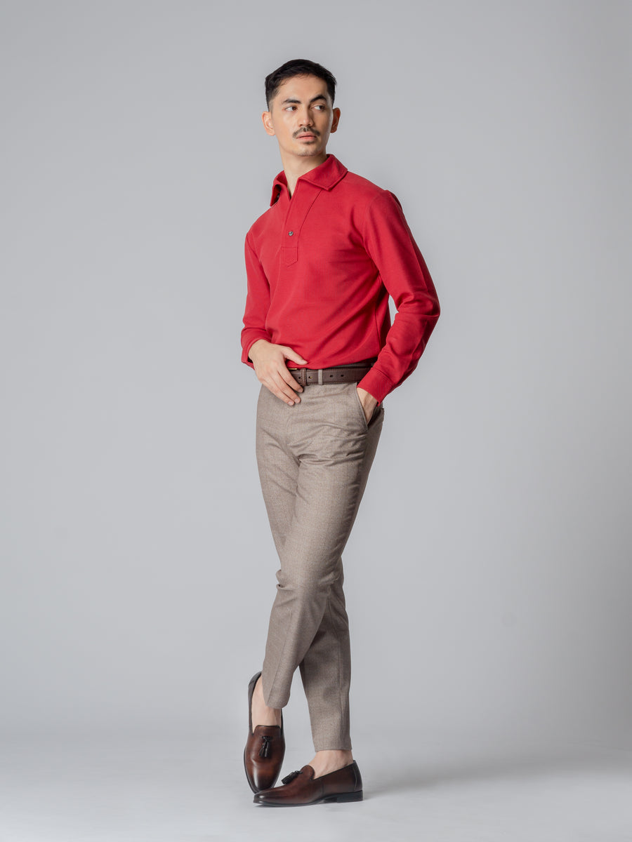 Long-Sleeve-Polo-Shirt-Maroon-One-Piece-Collar-Single-Button_06 - Zeve
