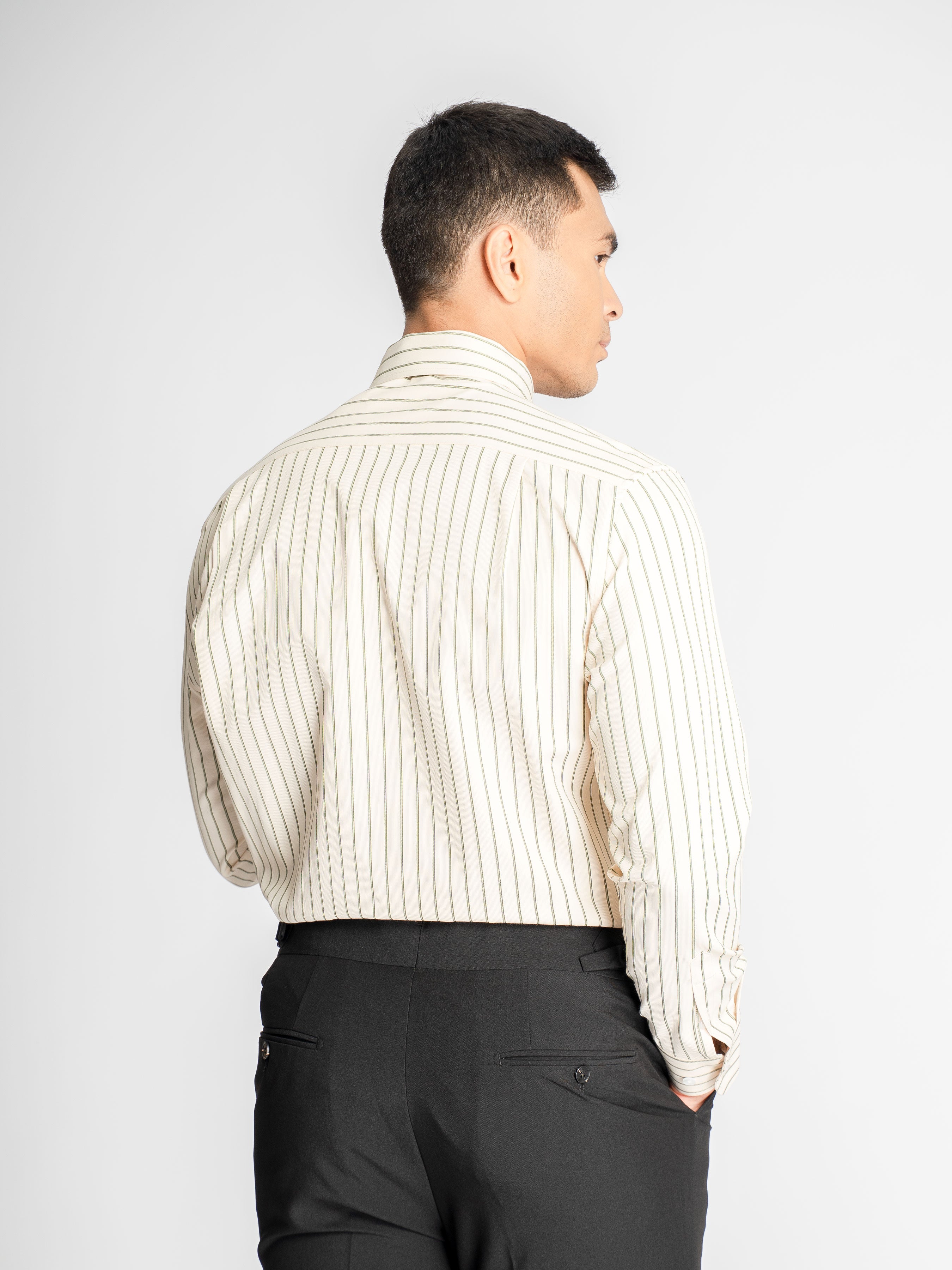 Marcello Stripe Shirt – Cream Green Stripe (Button-Down Collar)