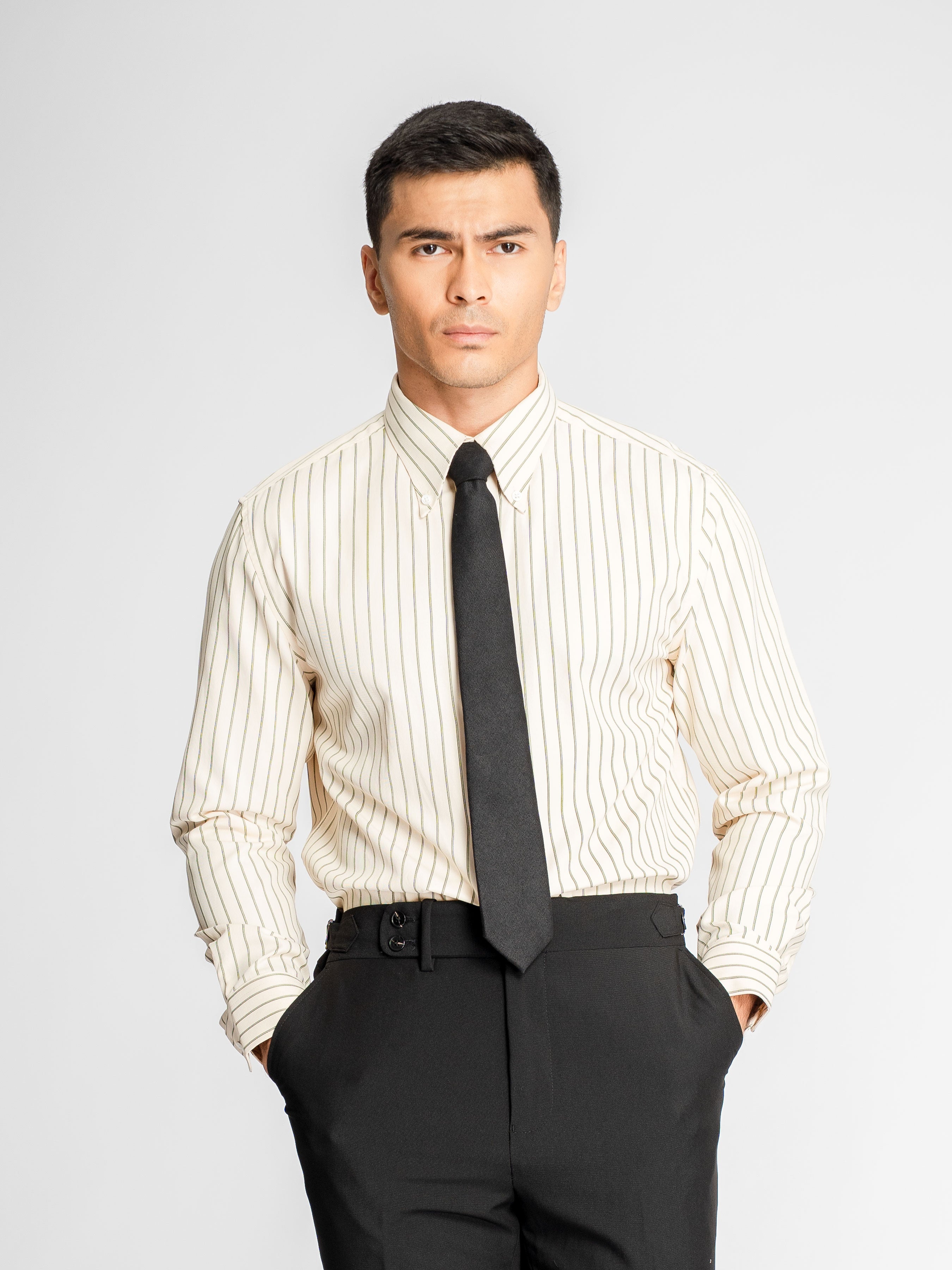 Marcello Stripe Shirt – Cream Green Stripe (Button-Down Collar)