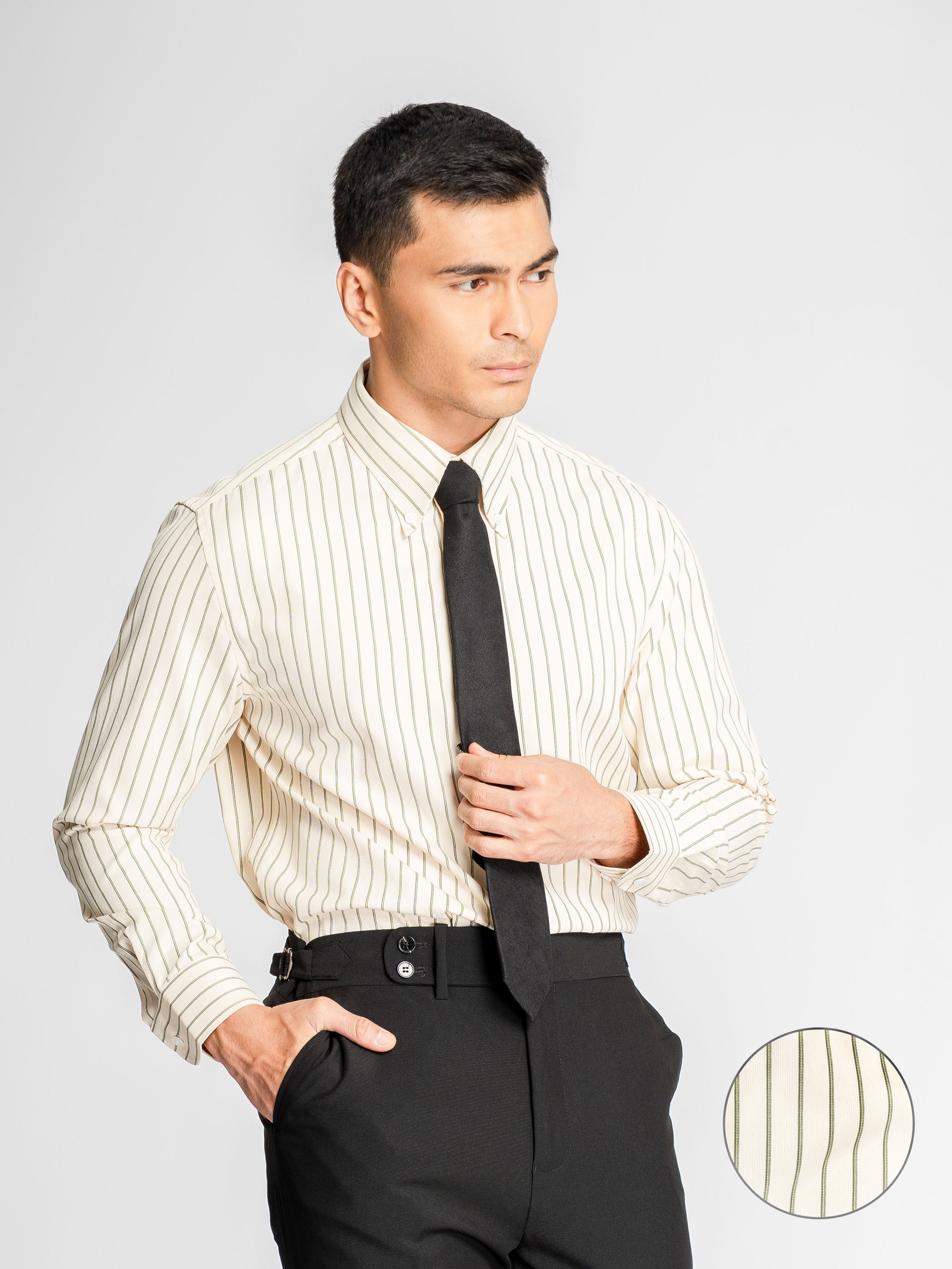 Marcello Stripe Shirt – Cream Green Stripe (Button-Down Collar)