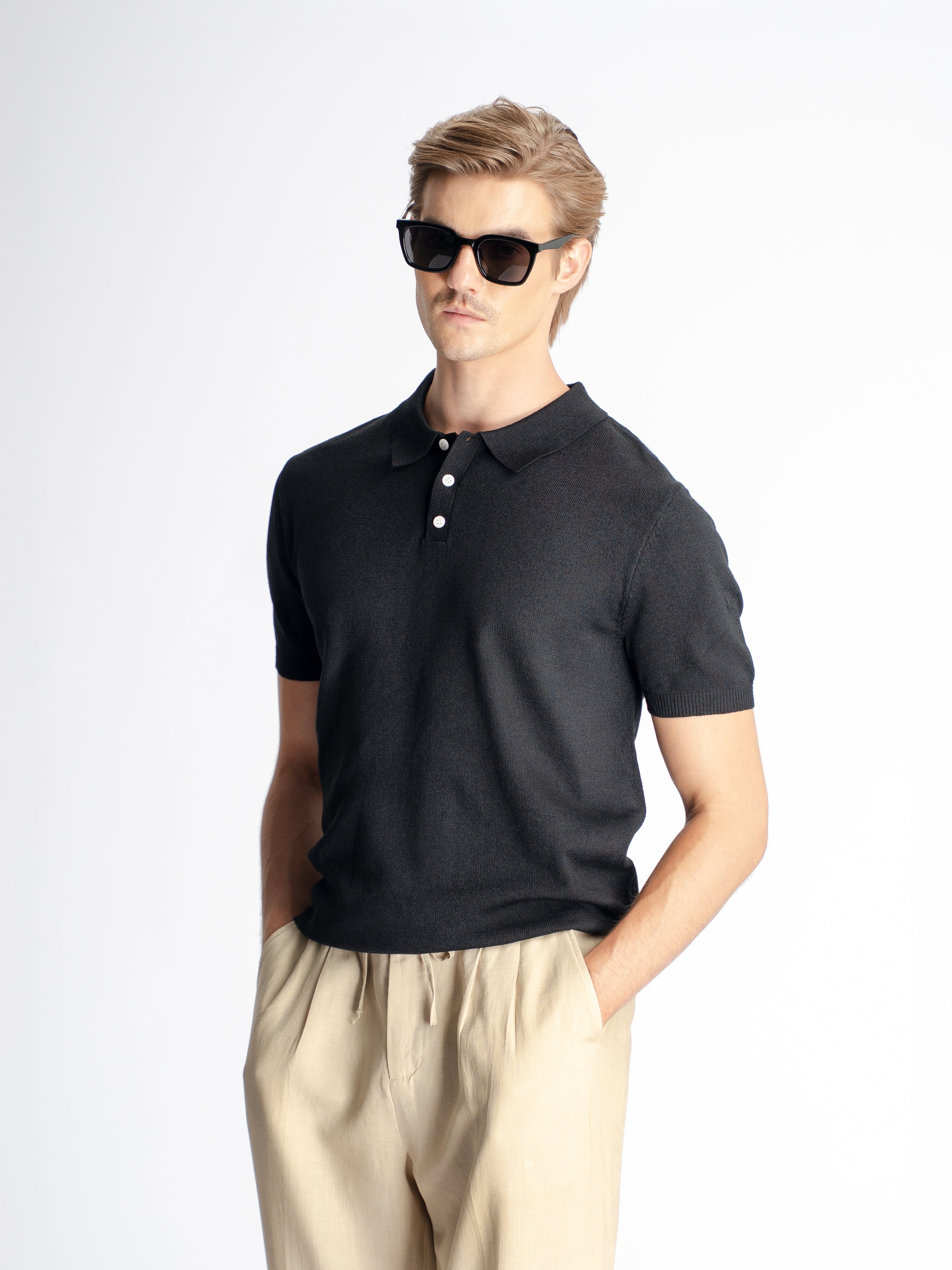 Noir Knit Polo Tee - Black