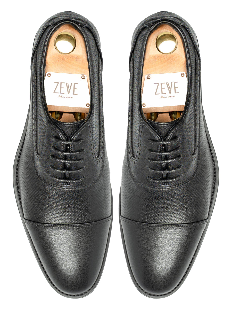 OxfordCapToeSolidBlackLeather_StudSole_Top - Zeve