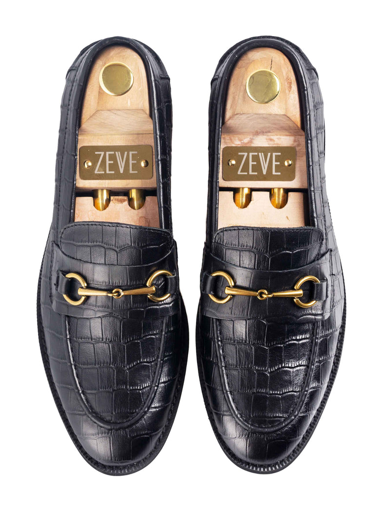 Penny-Horsebit-Black-Croco-Leather-Crepe-Sole-Flatlay - Zeve