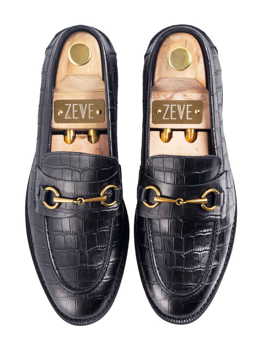 Penny-Horsebit-Black-Croco-Leather-Crepe-Sole-Flatlay - Zeve