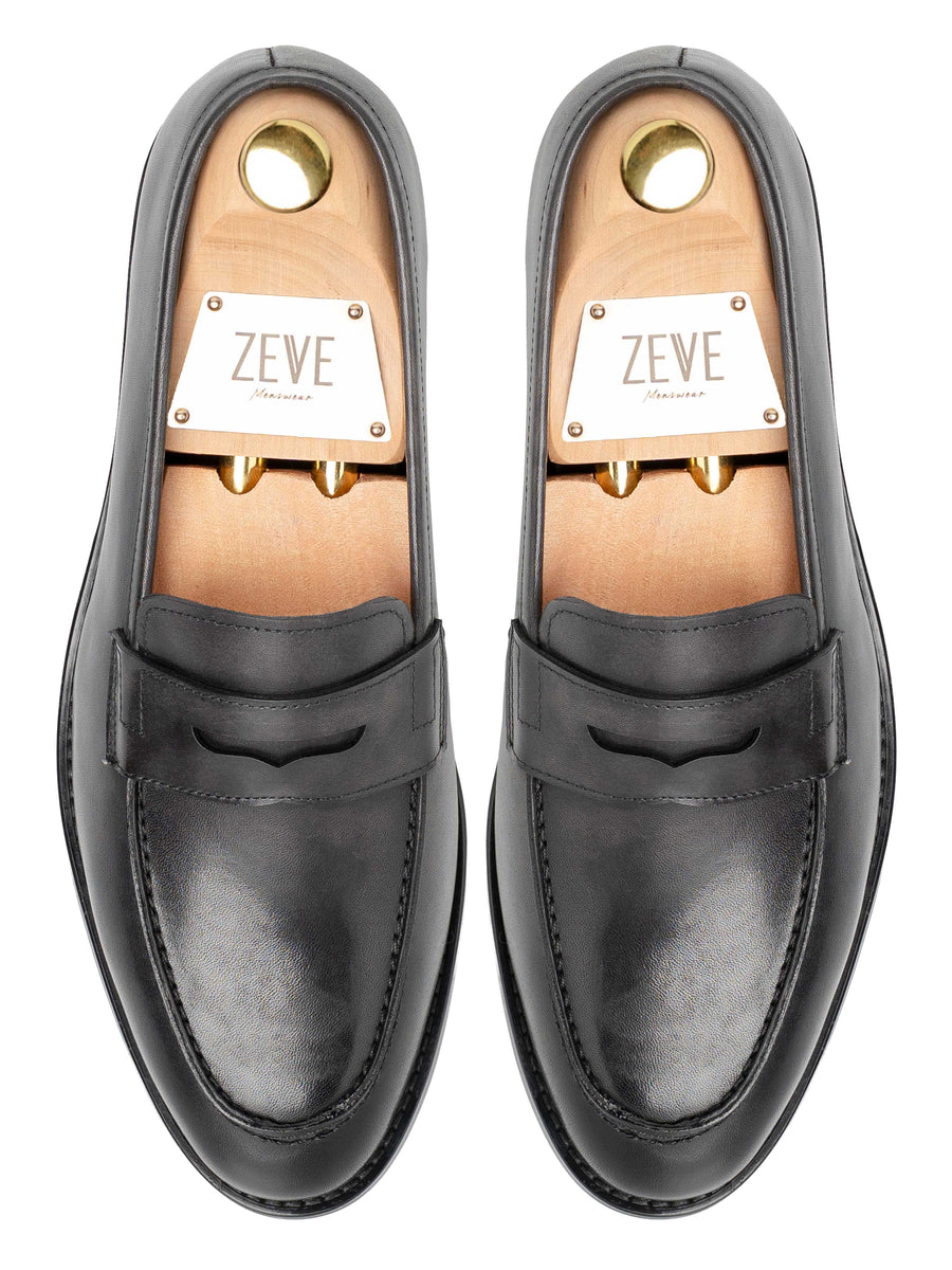 PennyLoaferBlackGrey_HandPaintedPatina_Top - Zeve