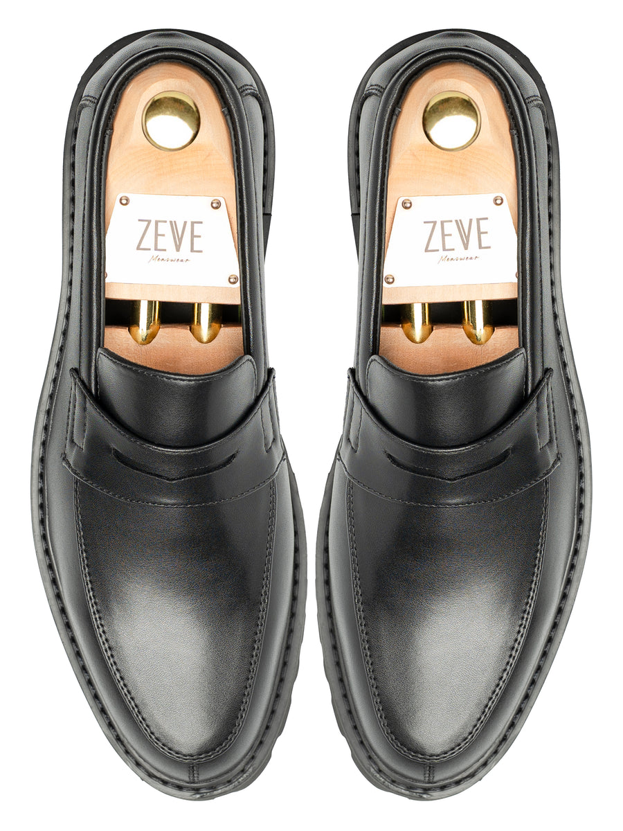 PennyLoaferSolidBlackLeather_BravaSole_Top - Zeve
