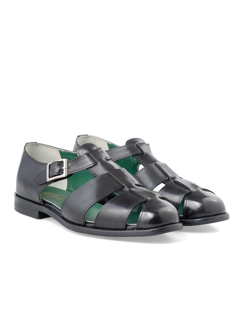 PortoSandalSolidBlackLeatherFront - Zeve