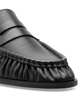 Black leather loafer with pleated toe and penny strap detail, men's formal shoe