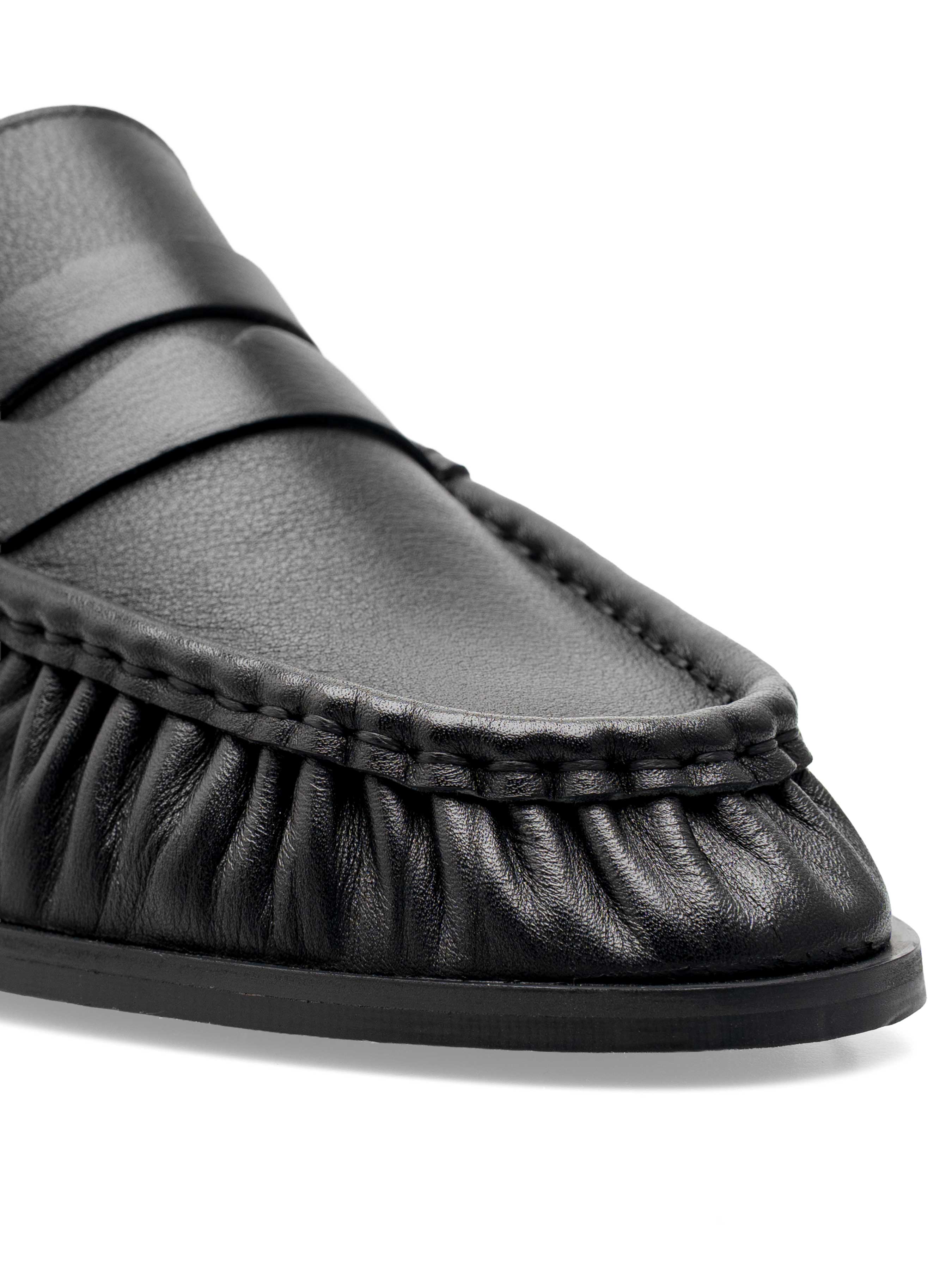 Black leather loafer with pleated toe and penny strap detail, men's formal shoe
