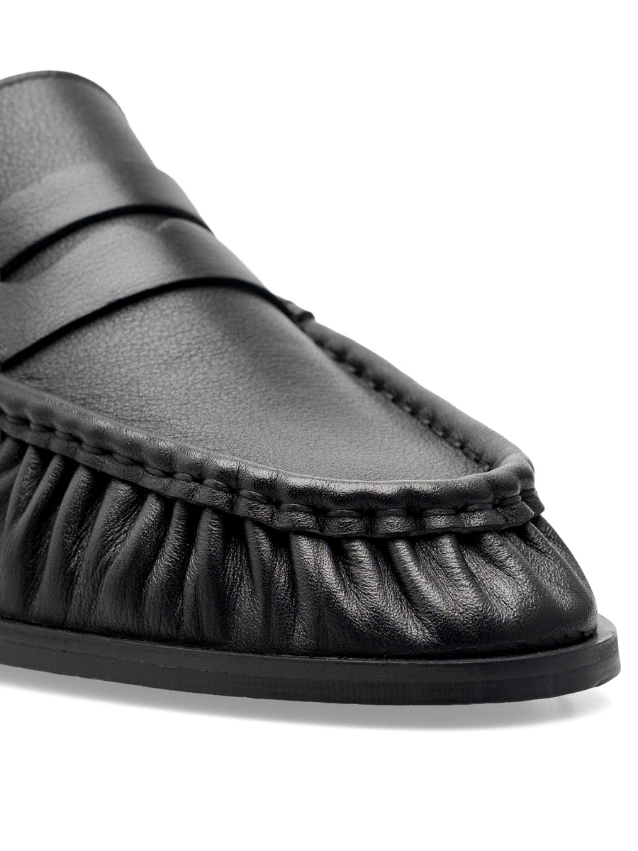 Black leather loafer with pleated toe and penny strap detail, men's formal shoe