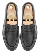 Black leather loafers with gold ZEVE Menswear insoles and decorative spikes, handmade men's formal shoes