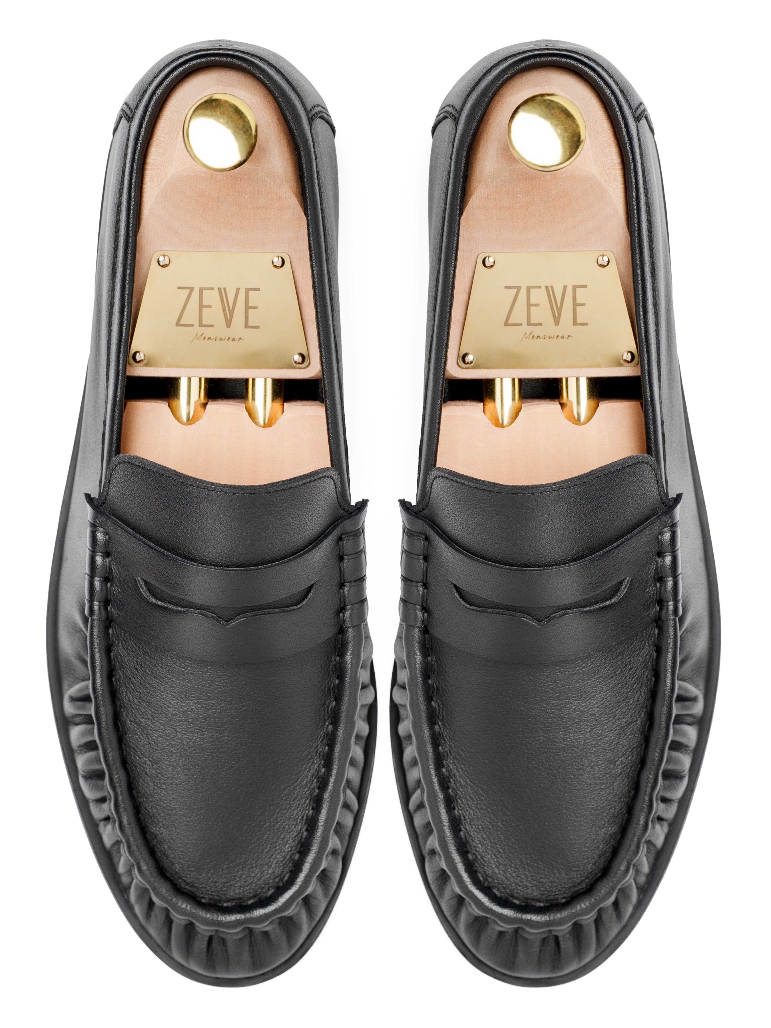 Black leather loafers with gold ZEVE Menswear insoles and decorative spikes, handmade men's formal shoes