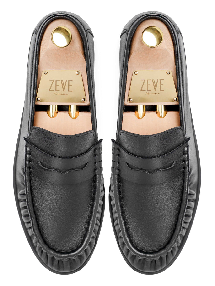 Black leather loafers with gold ZEVE Menswear insoles and decorative spikes, handmade men's formal shoes