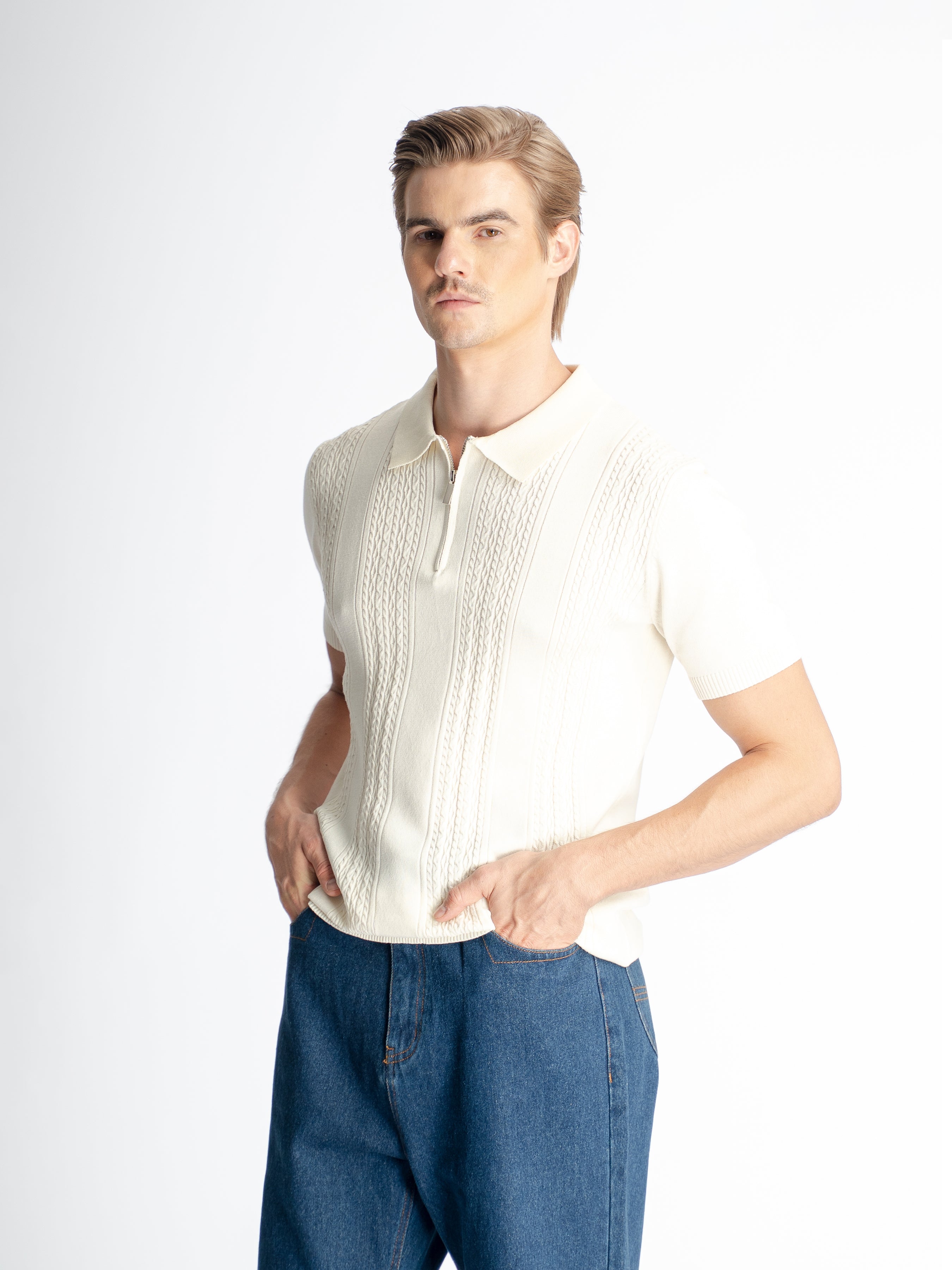 Renzo Knit Polo Tee - Beige Quarter-Zip