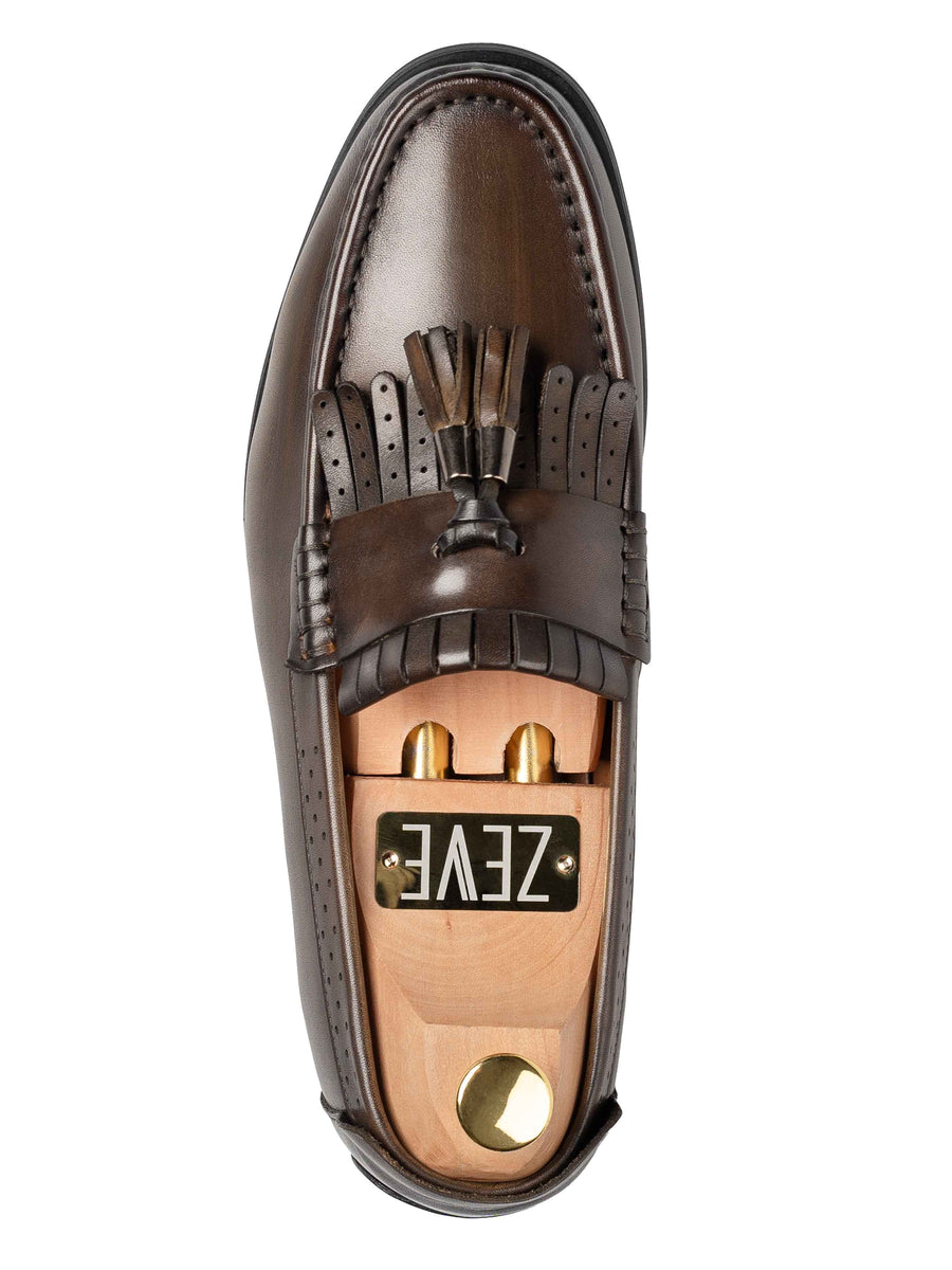 SIngleFringeClassicLoaferCognacTanwithTassel_HandPaintedPatina - Zeve