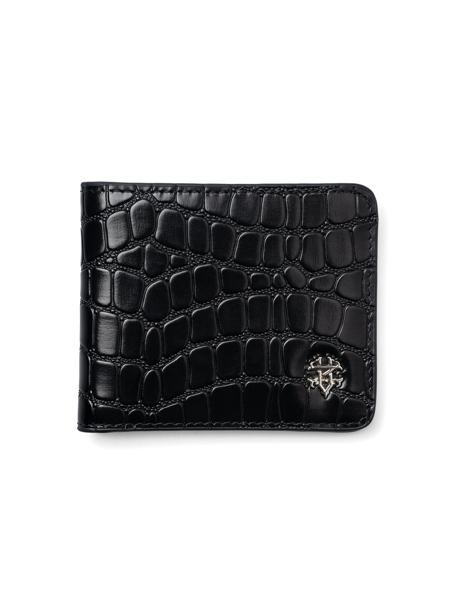 ScalatoBifoldWalletBlackCrocoLeatherFront - Zeve
