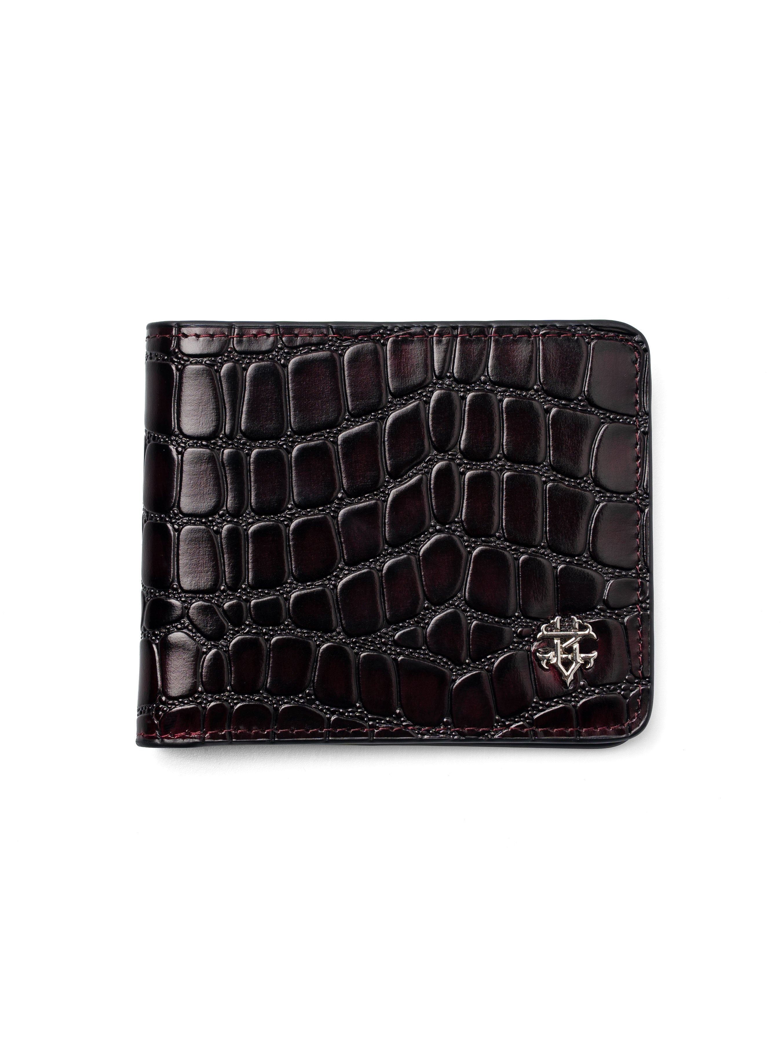 ScalatoBifoldWalletWineRedCrocoLeatherFront - Zeve