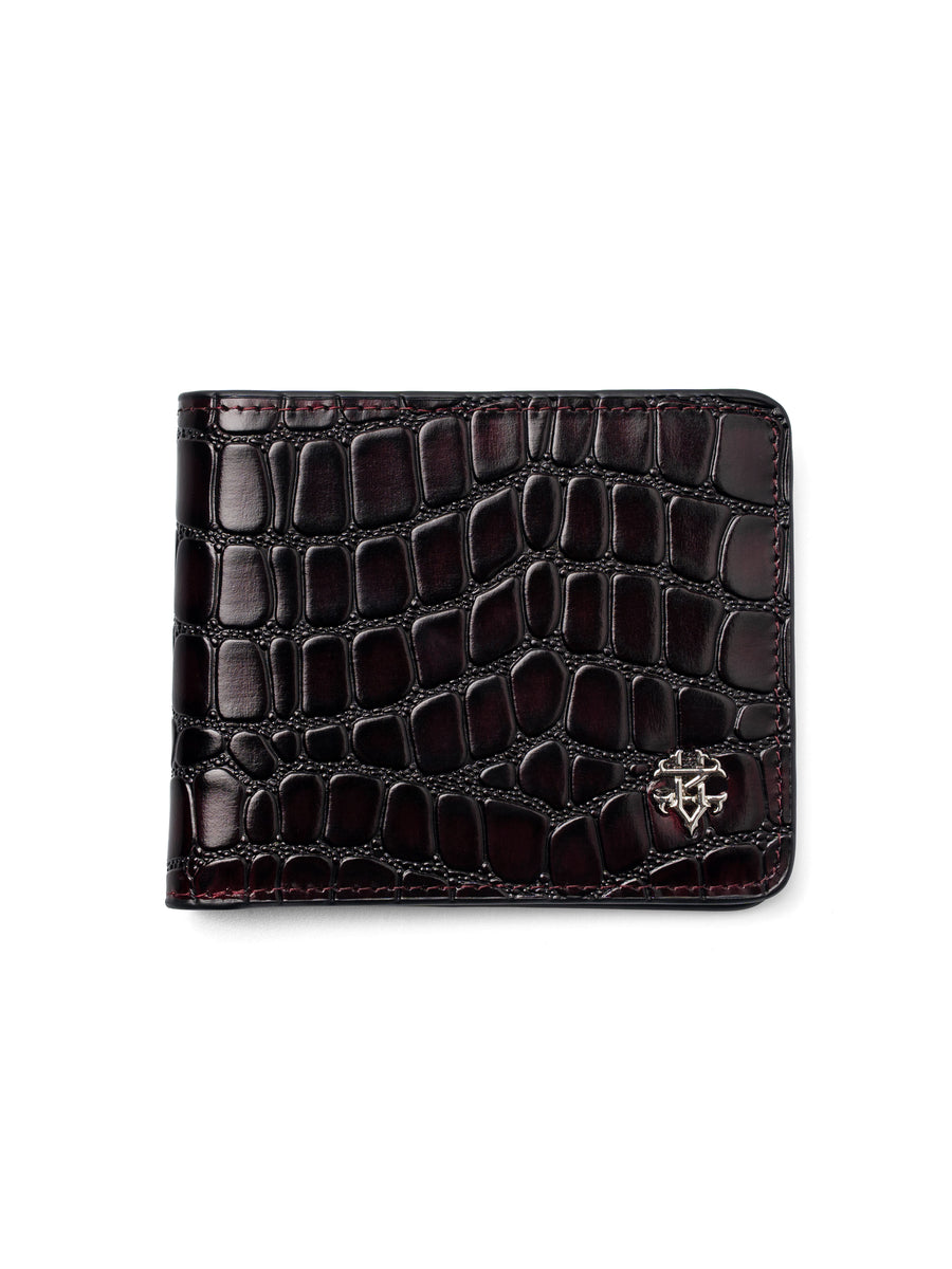 ScalatoBifoldWalletWineRedCrocoLeatherFront - Zeve