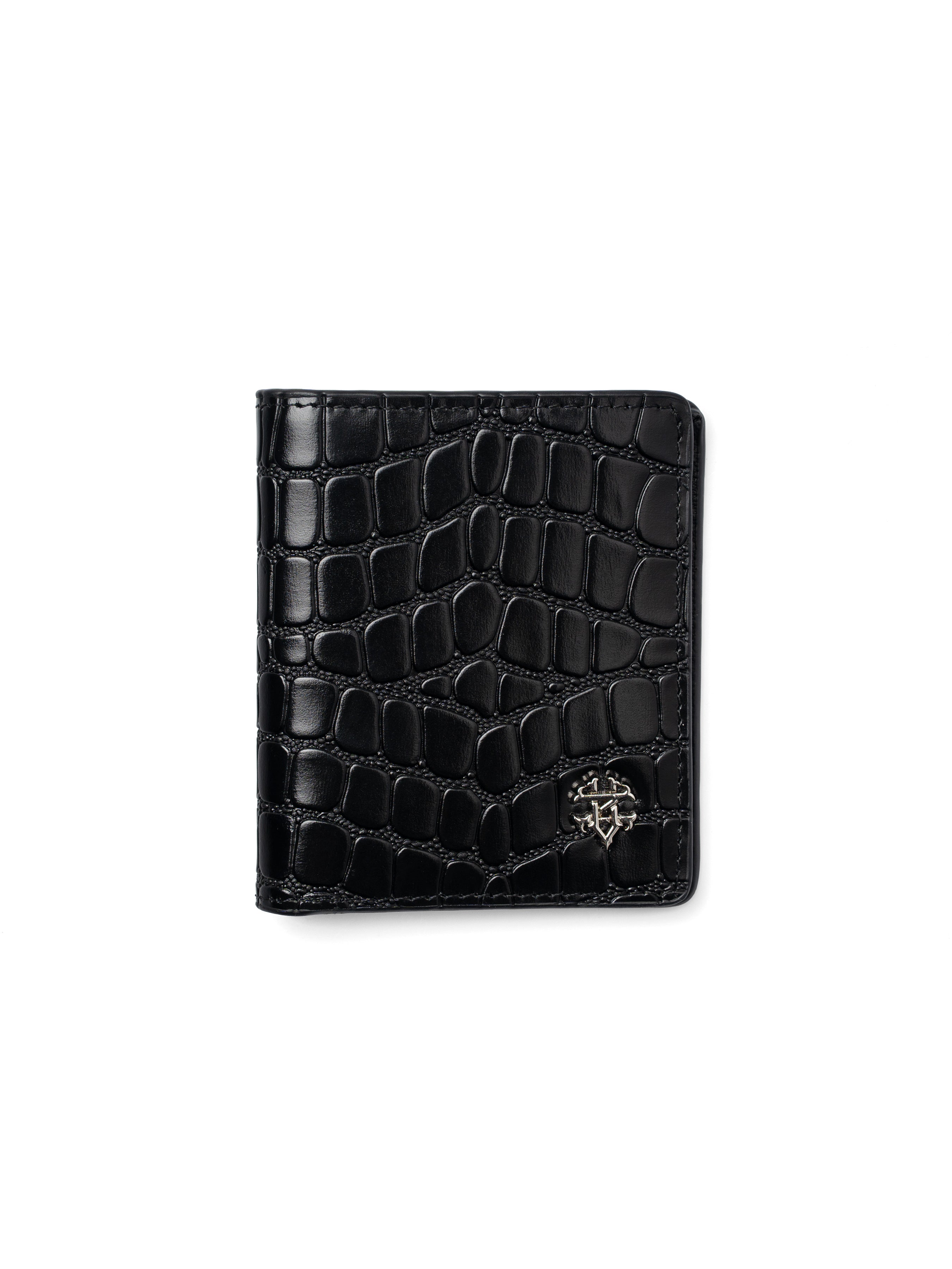 ScalatoFoldingWalletBlackCrocoLeatherFront - Zeve